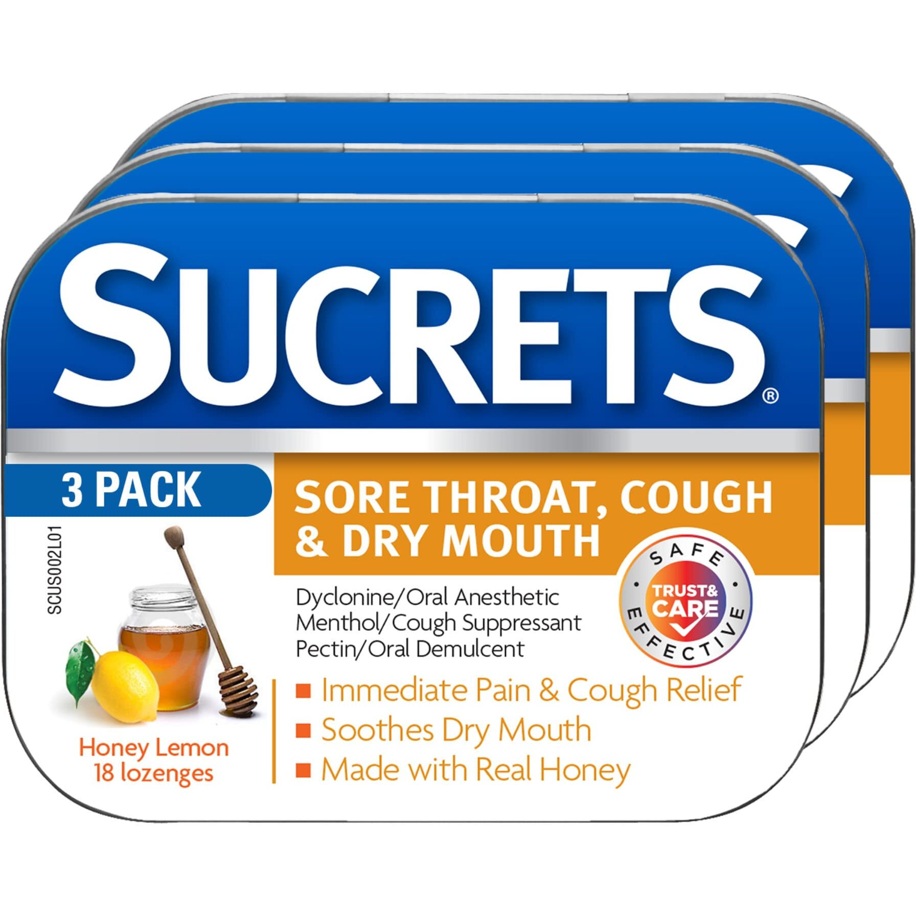 Sucrets Sore Throat & Cough Lozenges  Honey Lemon  18 Count (3 Pack)