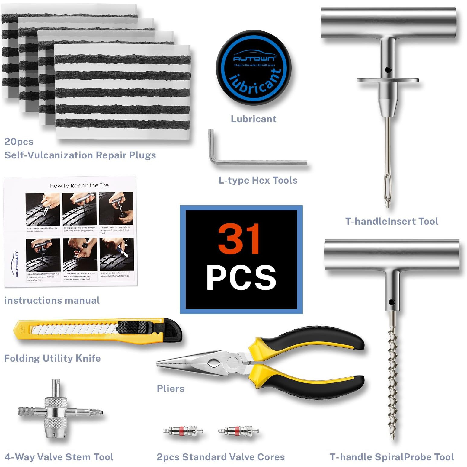 Autown Flat Tire Repair Kit With Plugs 31 Pcs For Car  Motorcycle  Atv  Jeep  Truck  Tractor Flat Tire Puncture Repair