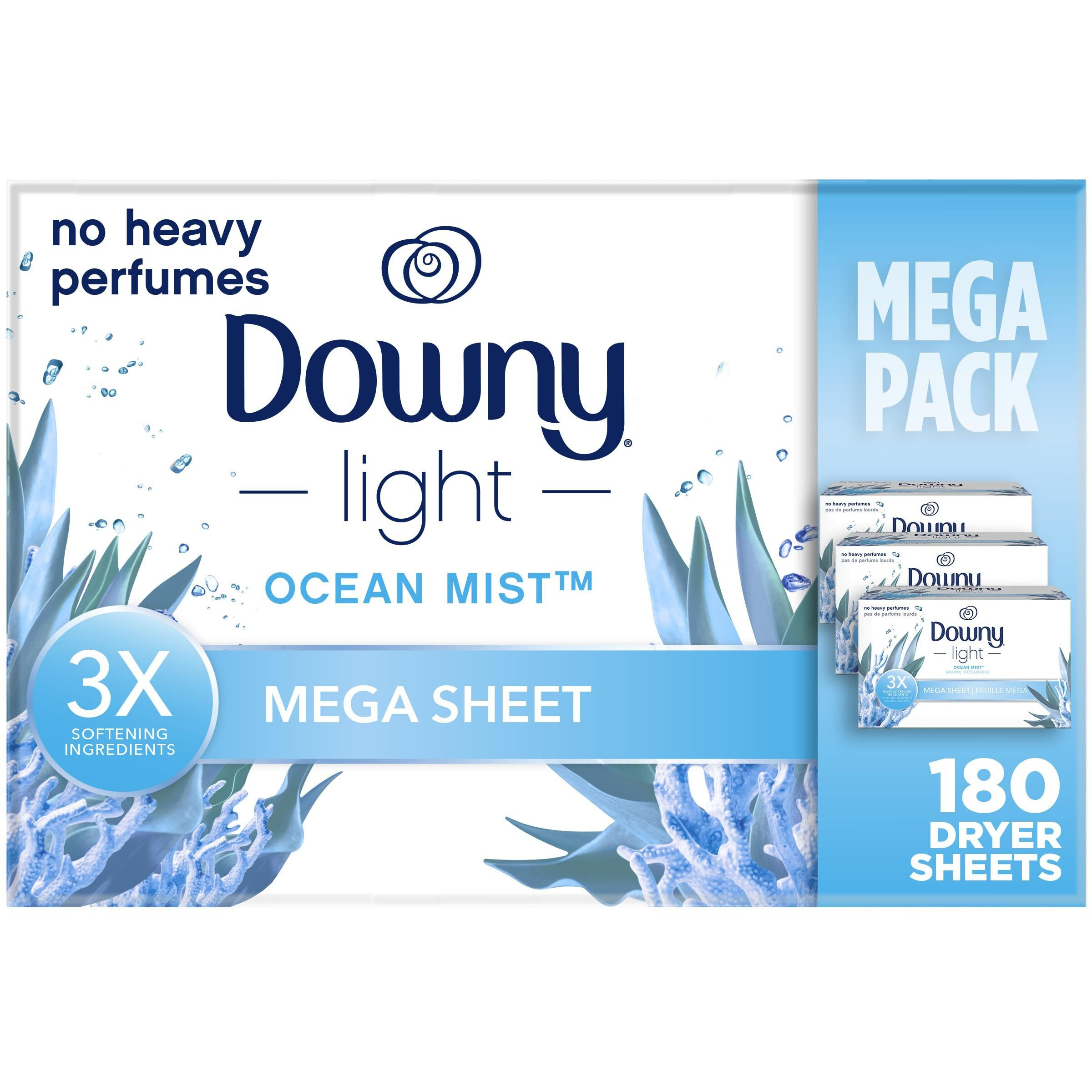 Downy Light Mega Dryer Sheets  Fabric Softener Dryer Sheets  Ocean Mist  180 Count
