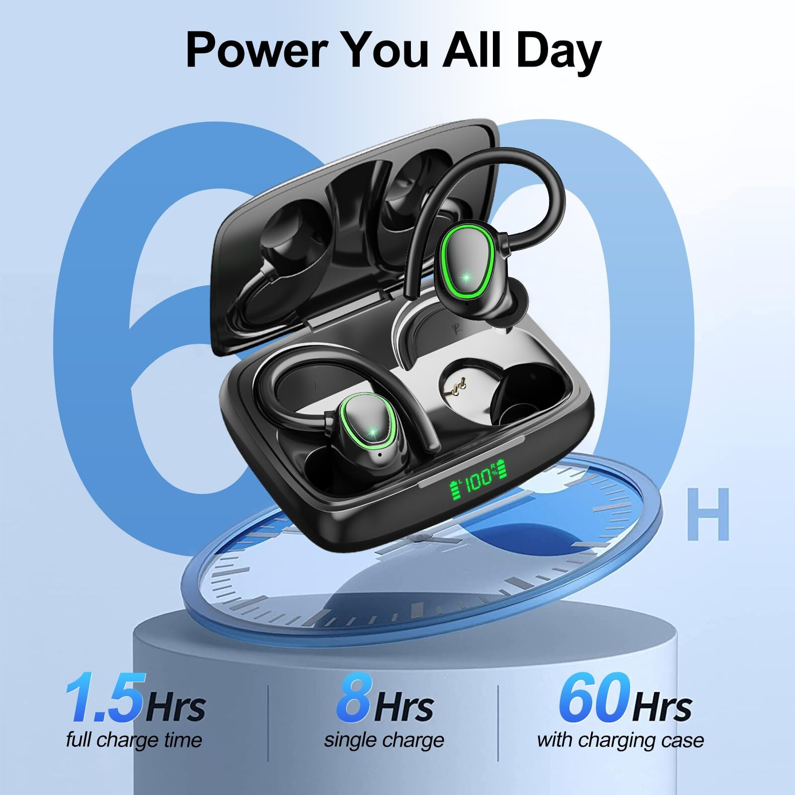 Hujina Bluetooth Wireless Headphones Earbuds 60Hrs Playback Ear Buds Ipx6 Waterproof Stereo Bass Over-Ear Earphones With Earhooks Microphone Led Battery Display For Sports/Workout/Gym/Running