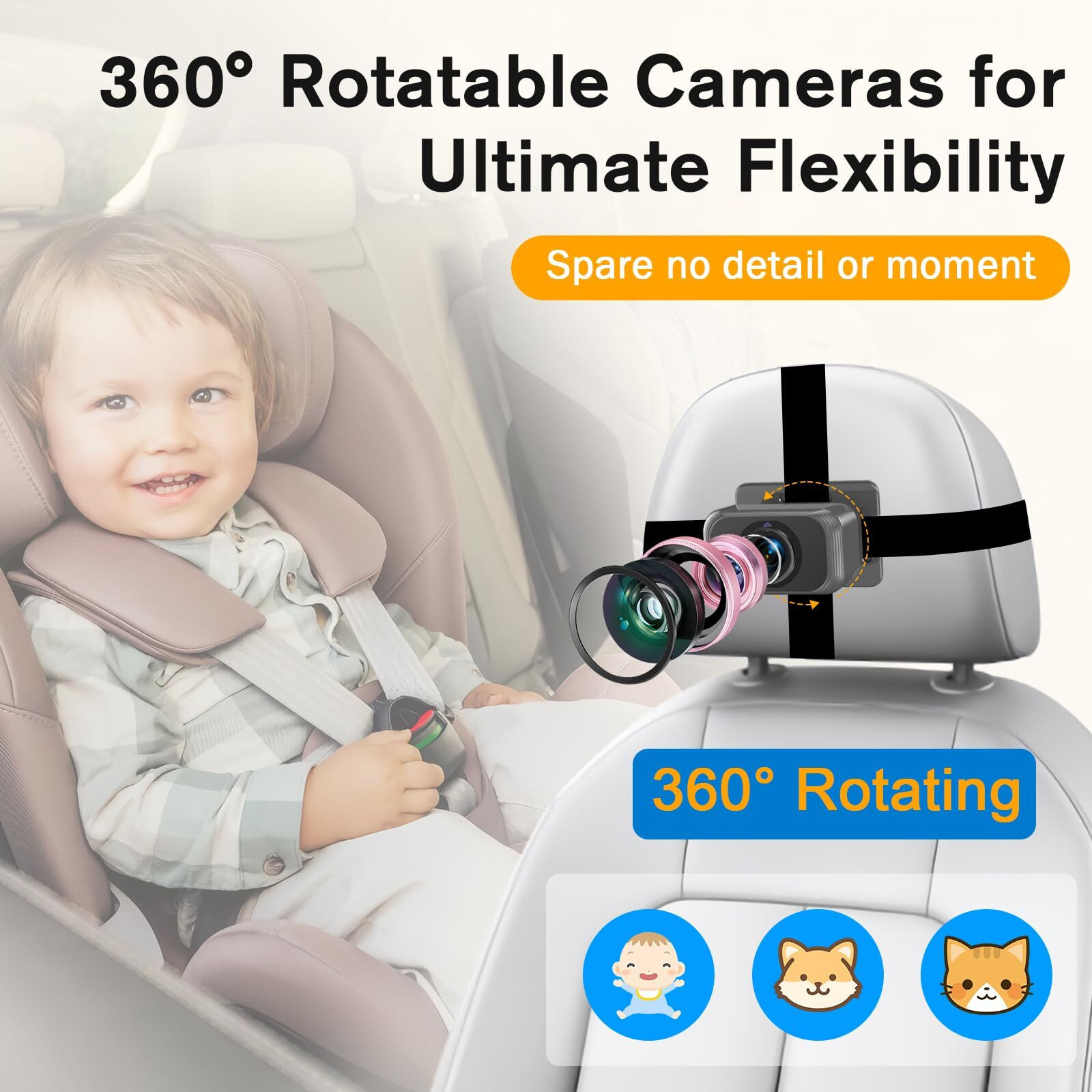 Baby Car Camera For 2 Kids - 7-Inch Split-Screen Monitor  Dual Hd 1080P Cameras  Night Vision  360 Rotatable  Easy Install Backseat Camera For Safety & Convenience - Perfect For Twins Or Siblings