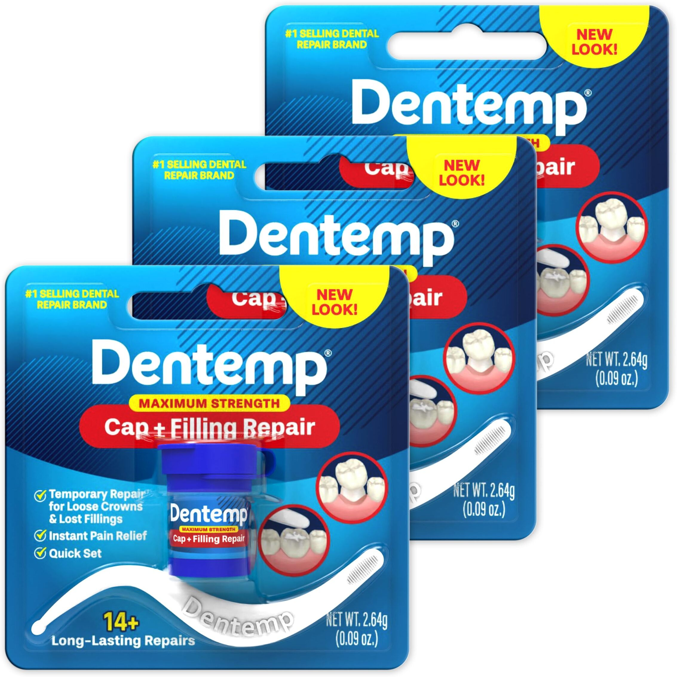 Dentemp Maximum Strength Loose Cap And Lost Filling Repair - Dental Repair Kit For Instant Pain Relief (Pack Of 3)