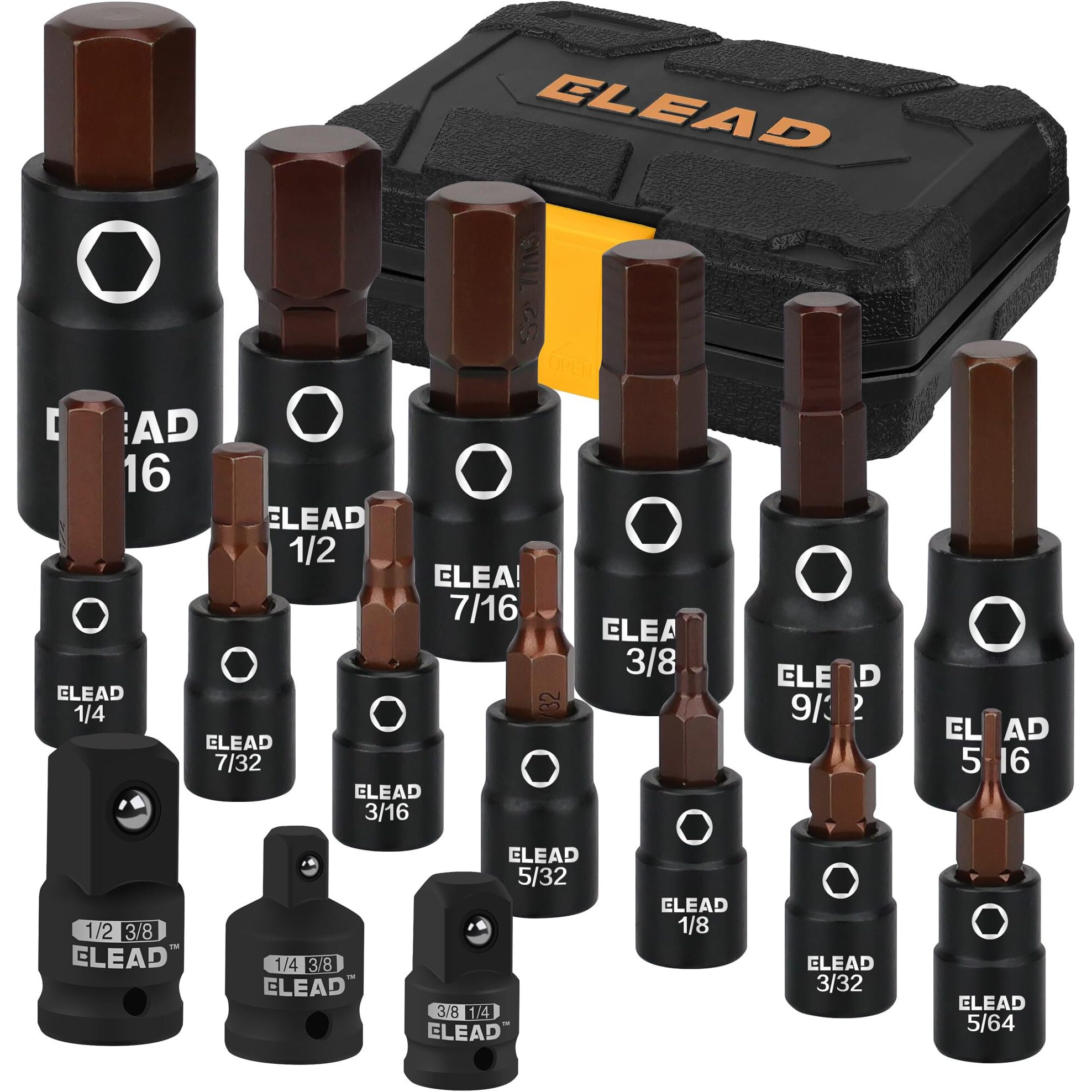 16-Piece Sae Hex Bit Impact Socket Set - Premium S2 Steel 5/64""-9/16"" Allen Socket Set With Socket Adapters  1/4   3/8  And 1/2  Drive | Professional Mechanic Garage Tools