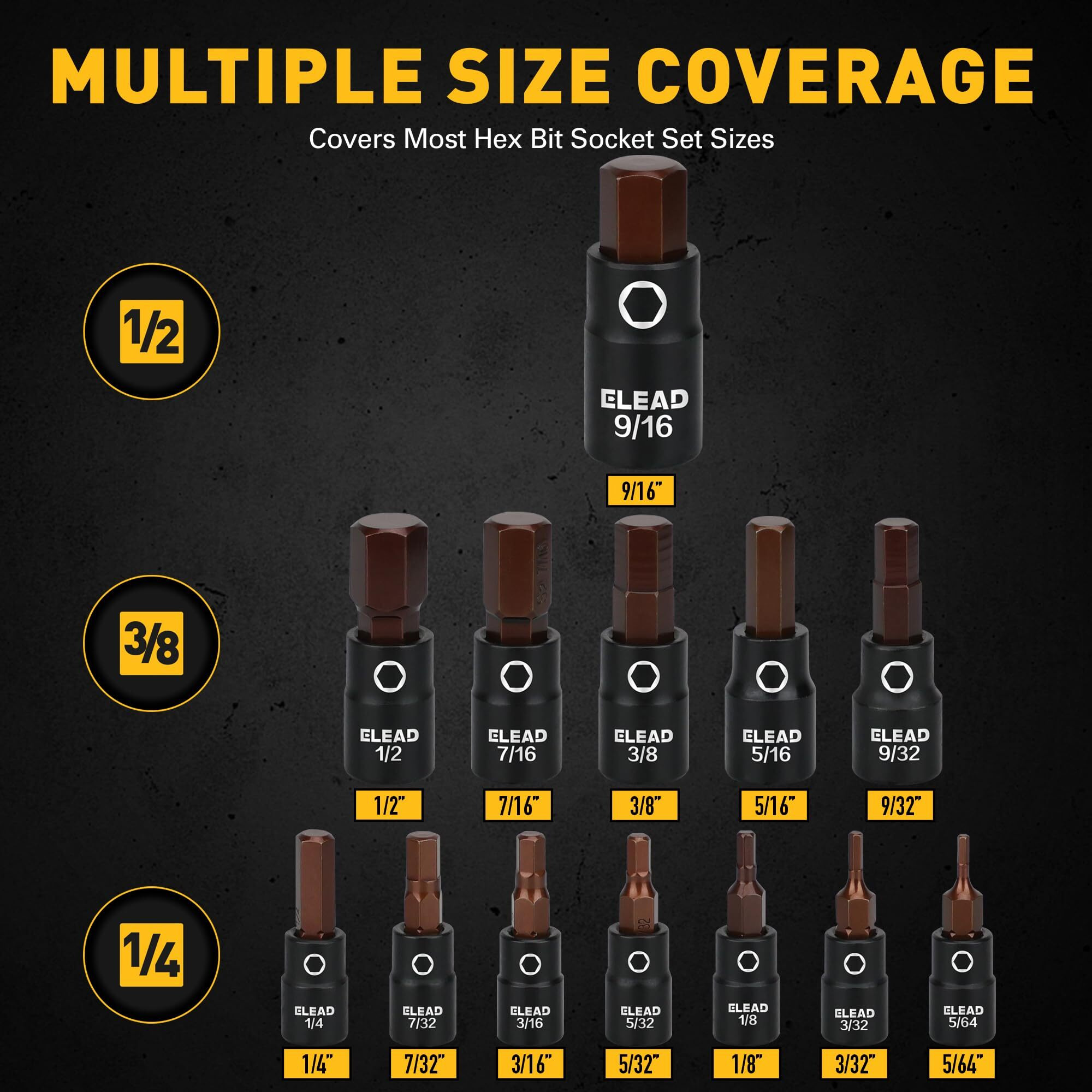 16-Piece Sae Hex Bit Impact Socket Set - Premium S2 Steel 5/64""-9/16"" Allen Socket Set With Socket Adapters  1/4   3/8  And 1/2  Drive | Professional Mechanic Garage Tools