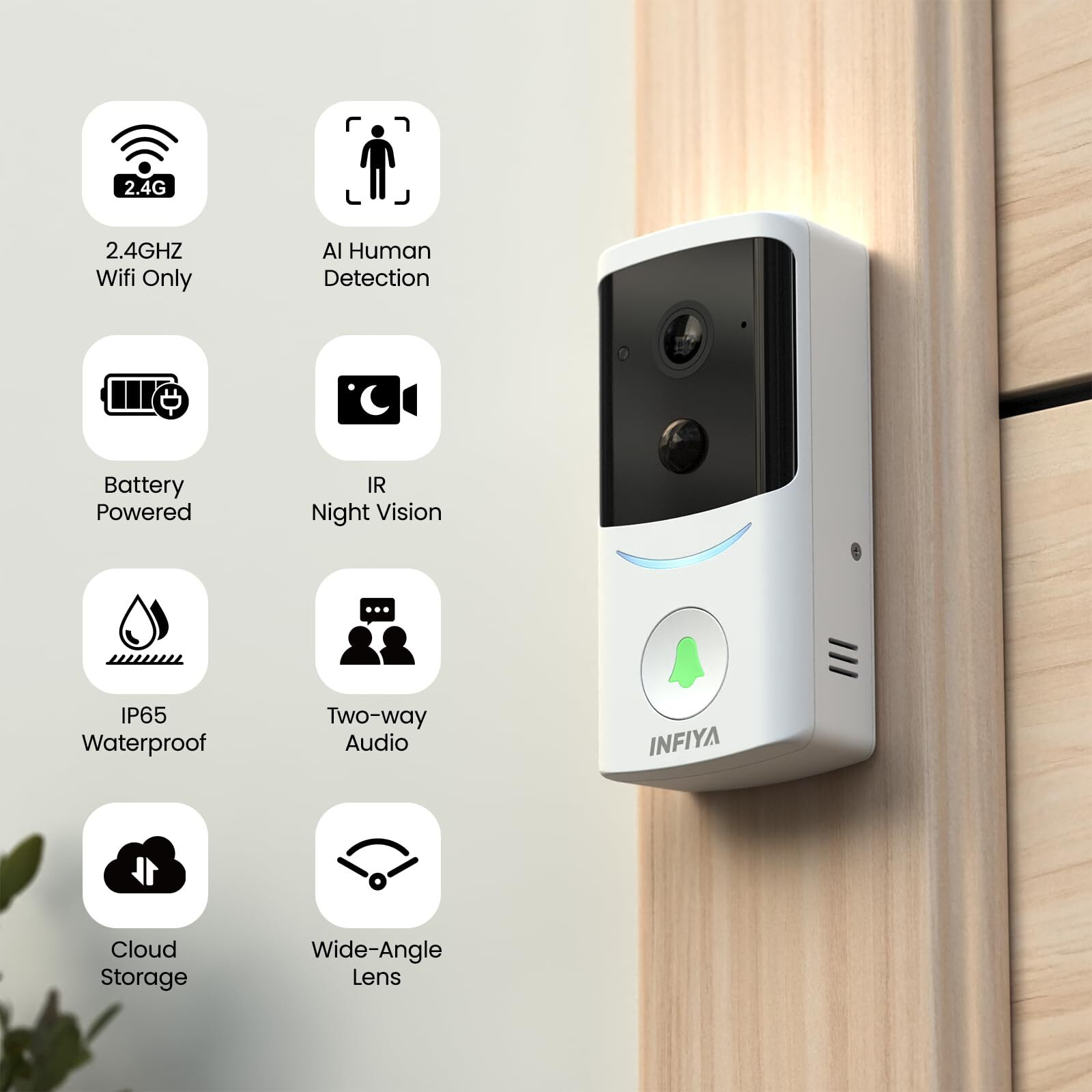 Infiya Video Doorbell Camera Wireless-2K Outdoor Front Door Camera With Chime Included For Home Security  Easy Installation  Ai Human Detection  Instant Alerts  Night Vision  Two-Way Audio  M1 White