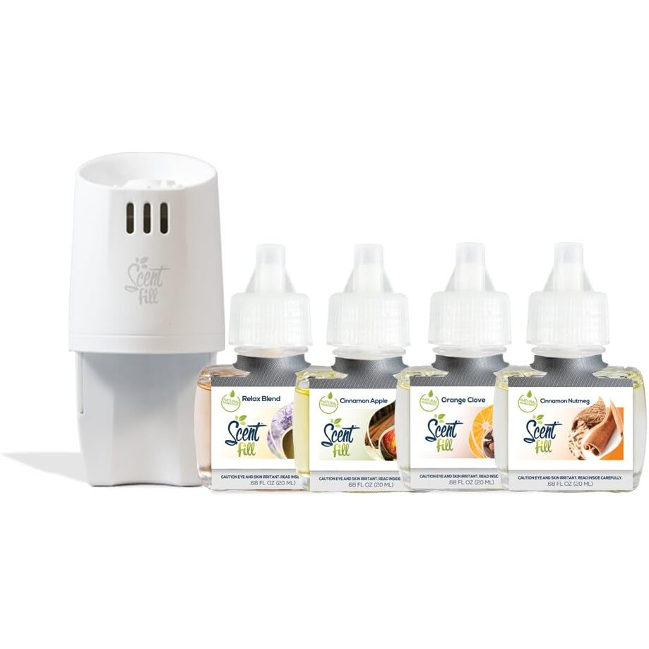 Scent Fill Fall Plug In Air Freshener Kit (Relax Blend  Cinnamon Apple  Orange Clove  Sweet & Spicy Cinnamon Nutmeg)  4 Refills + Diffuser