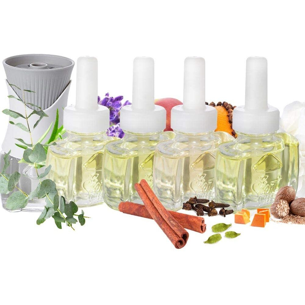 Scent Fill Fall Plug In Air Freshener Kit (Relax Blend  Cinnamon Apple  Orange Clove  Sweet & Spicy Cinnamon Nutmeg)  4 Refills + Diffuser