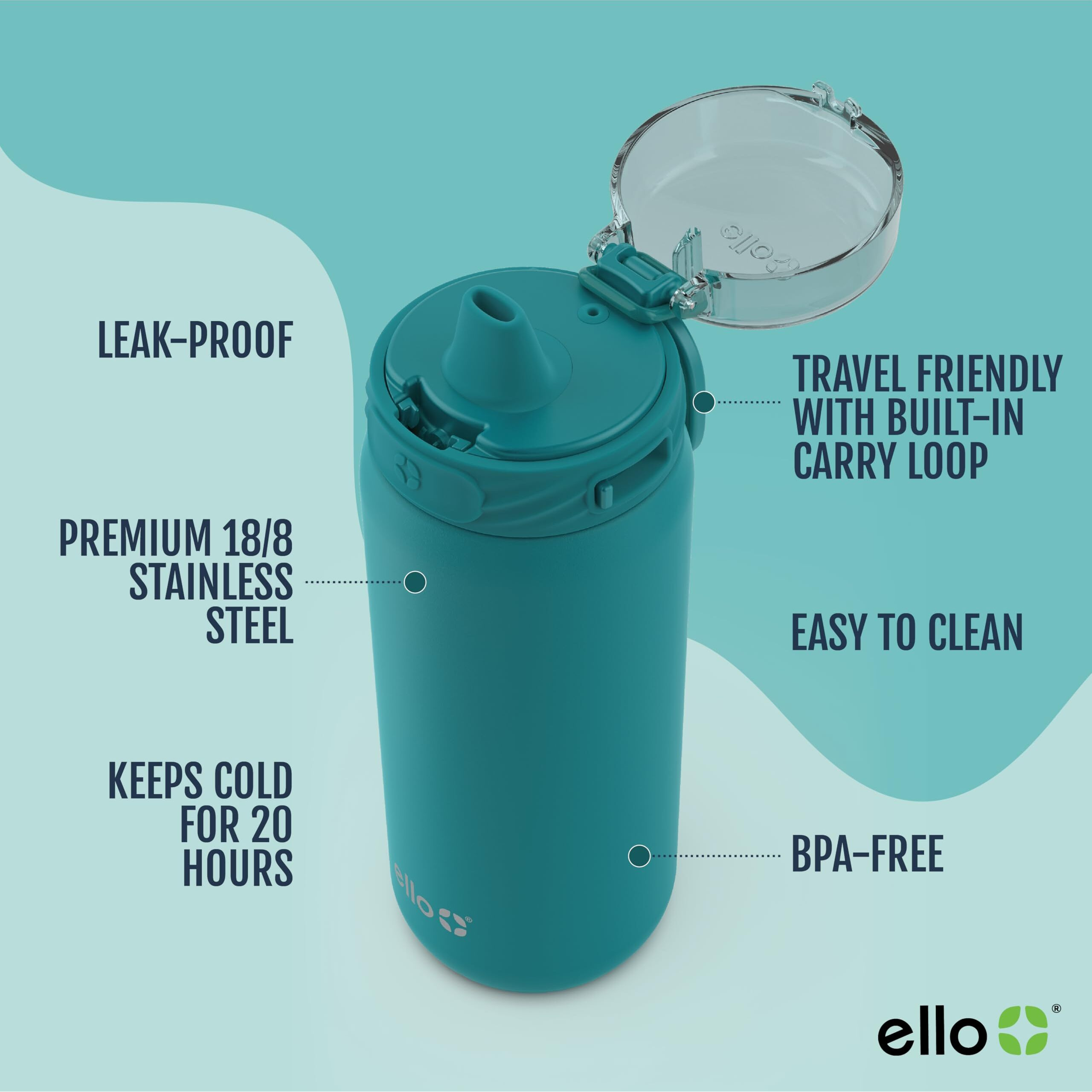Ello Cooper 18Oz Kids Stainless Steel Water Bottle With Straw And Carry Handle  Double Walled And Vacuum Insulated Metal  Leak Proof Locking Lid With Soft Silicone Spout  Reusable  Bpa Free  Antigua