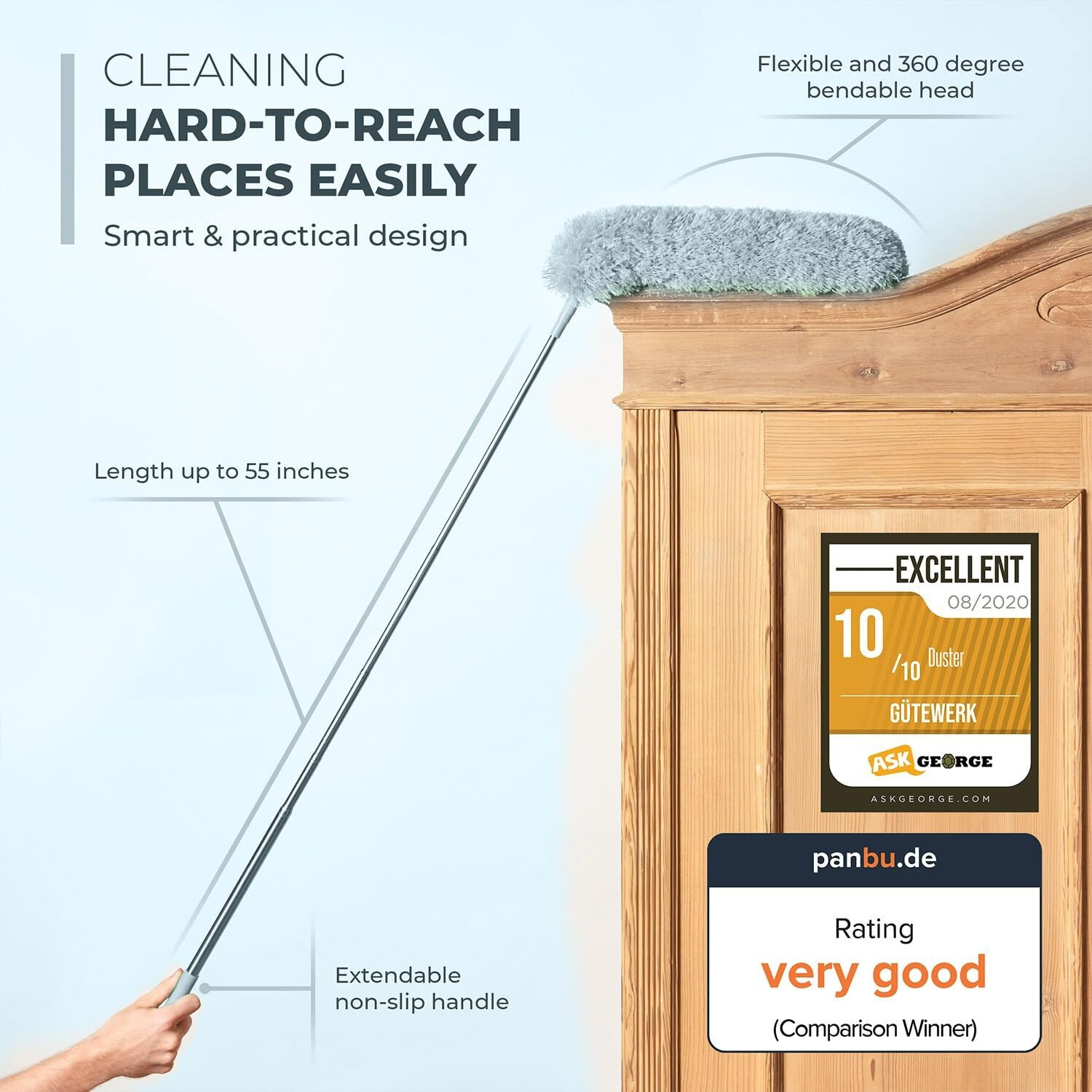 Extendable Feather Duster  Microfiber Duster  Ceiling Fan Duster  Feather Dusters For Cleaning  Dust Cleaner  Cobweb Duster - Electrostatic Bendable Head - Up To 55 Inch