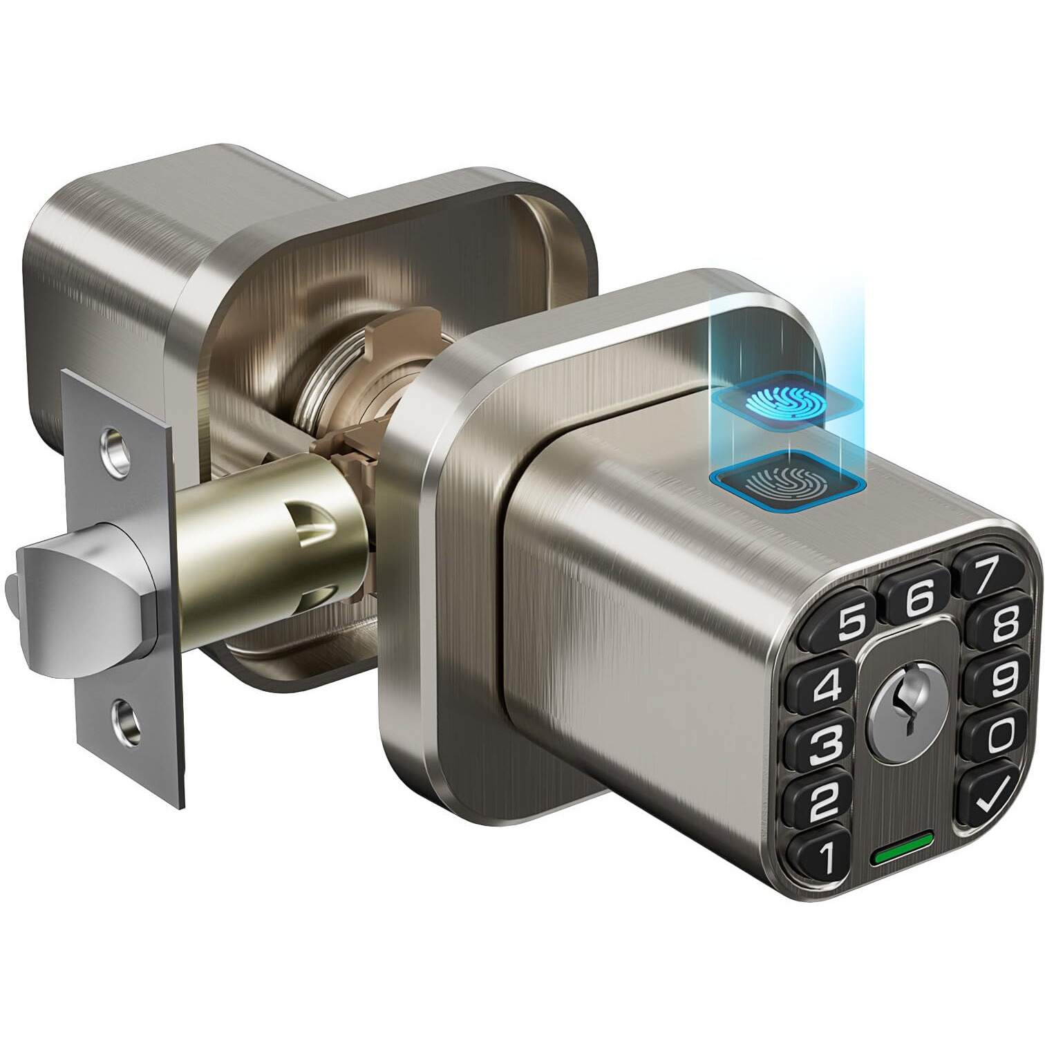 Richelock Fingerprint Door Knob  Smart Biometric Door Lock With Keypad  Keyless Entry Code Door Knob  Waterproof & Weatherproof  Auto Lock Voice Navigation  For Bedroom  Gate Office -Satin Nickel