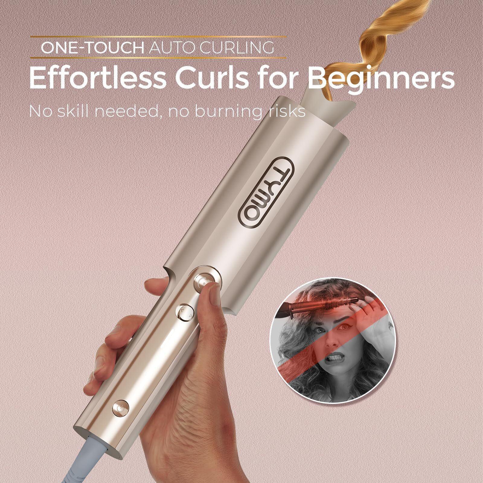 Upgraded Automatic Rotating Curling Iron - Tymo Curlpro Plus Long Barrel Curling Wand For Long Hair  Ceramic 1 Inch Hair Curler For Women  Anti-Scald  Tangle-Free  600M Ionic  Dual Voltage  Gold