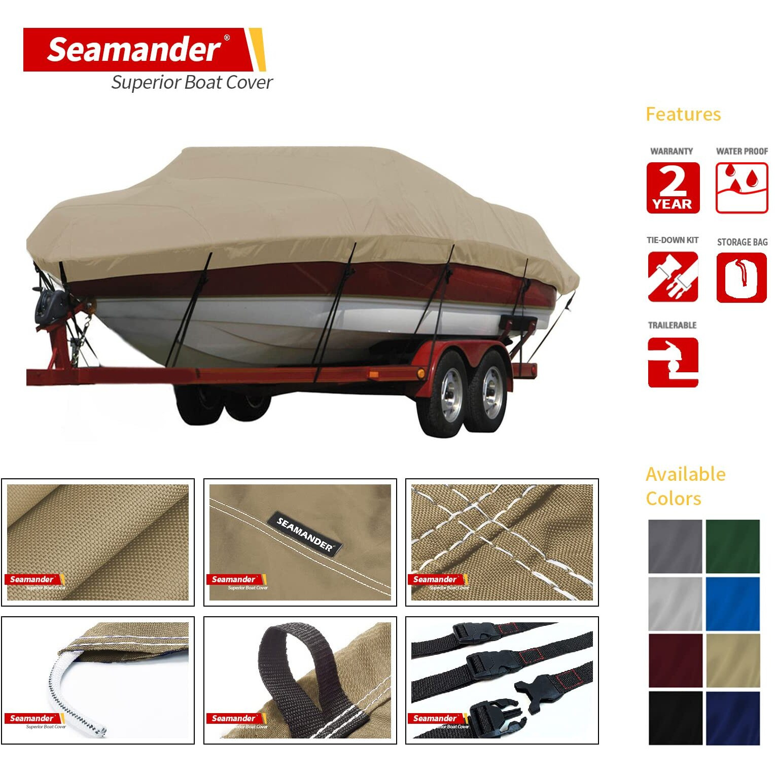 Seamander Heavy Duty Polyester Boat Cover  Marine Grade  Waterproof - Fits V-Hull  Tri-Hull  Fish & Ski  Runabout Bowrider Boats  17' To 19' Length