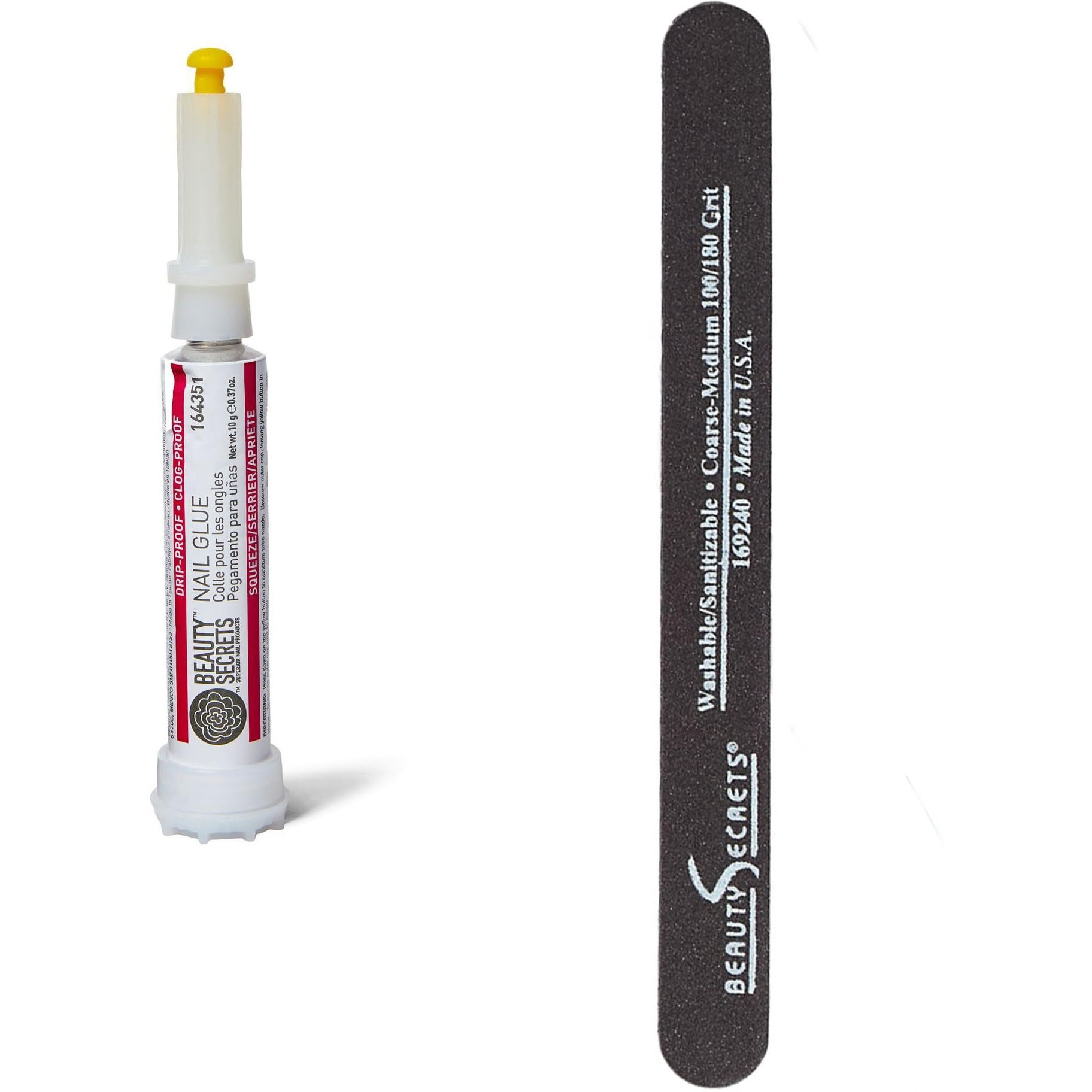 Beauty Secrets Drip & Clog Proof Nail Glue (1 Pack) Bundled With Nail File Black Cushion Medium Coarse 180/100 Grit By Beauty Secrets