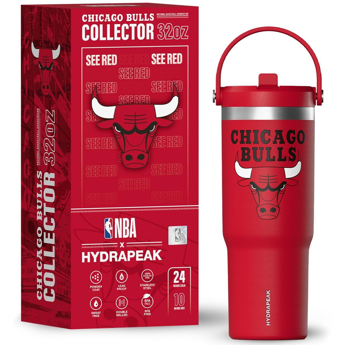 Hydrapeak X Nba Officially Licensed Chicago Bulls 32Oz Nomad Stainless Steel Tumbler With Handle And Straw Lid  Leakproof Water Bottle In Limited Edition Collector's Gift Box