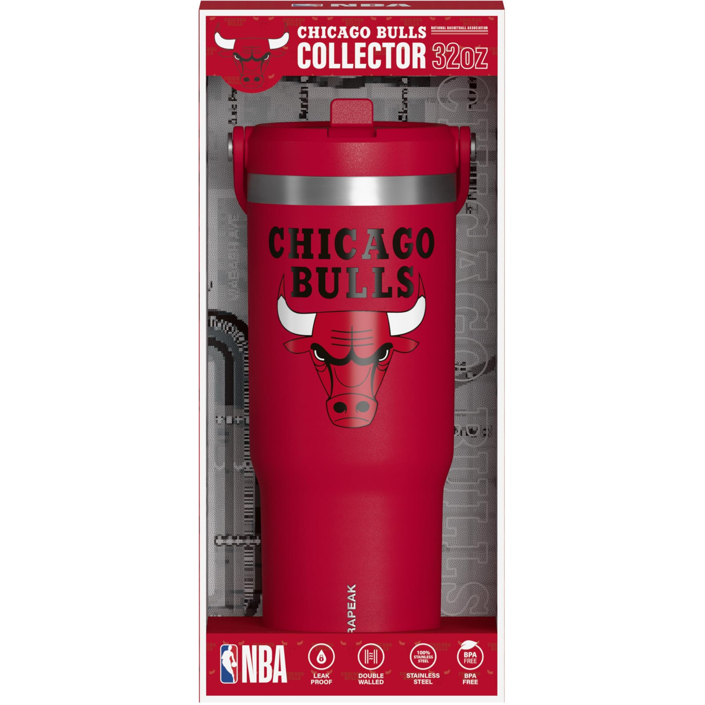 Hydrapeak X Nba Officially Licensed Chicago Bulls 32Oz Nomad Stainless Steel Tumbler With Handle And Straw Lid  Leakproof Water Bottle In Limited Edition Collector's Gift Box