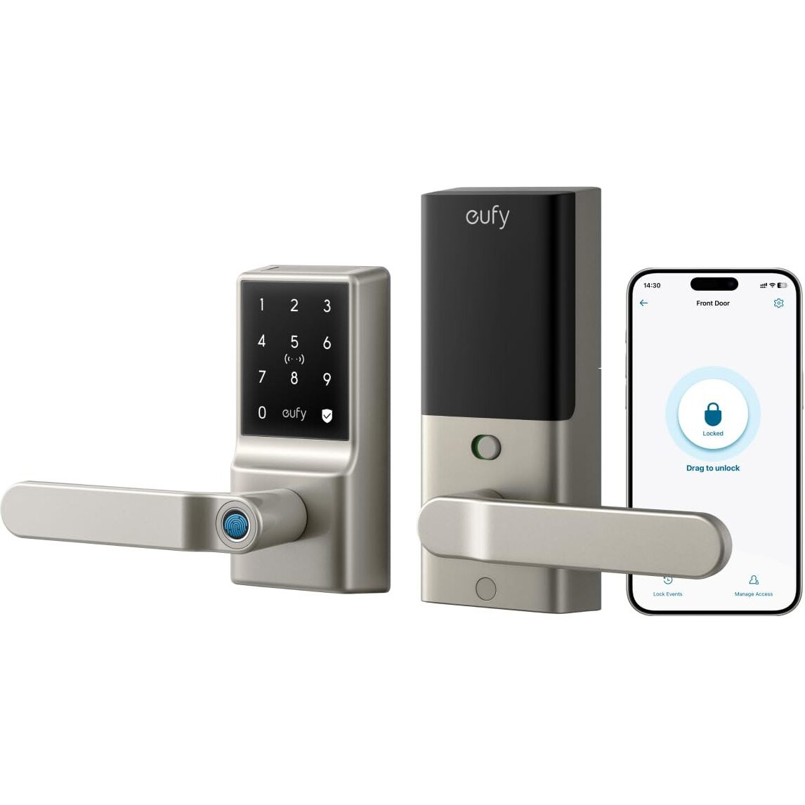 Eufy Smart Lever Lock C33  Keyless Fingerprint Door Lock With Handle  Integrated Wi-Fi  Remote Control Via App  Biometric Entry Knob  Auto-Locking  Ip53 Waterproof  Nickel (2025 New Version)