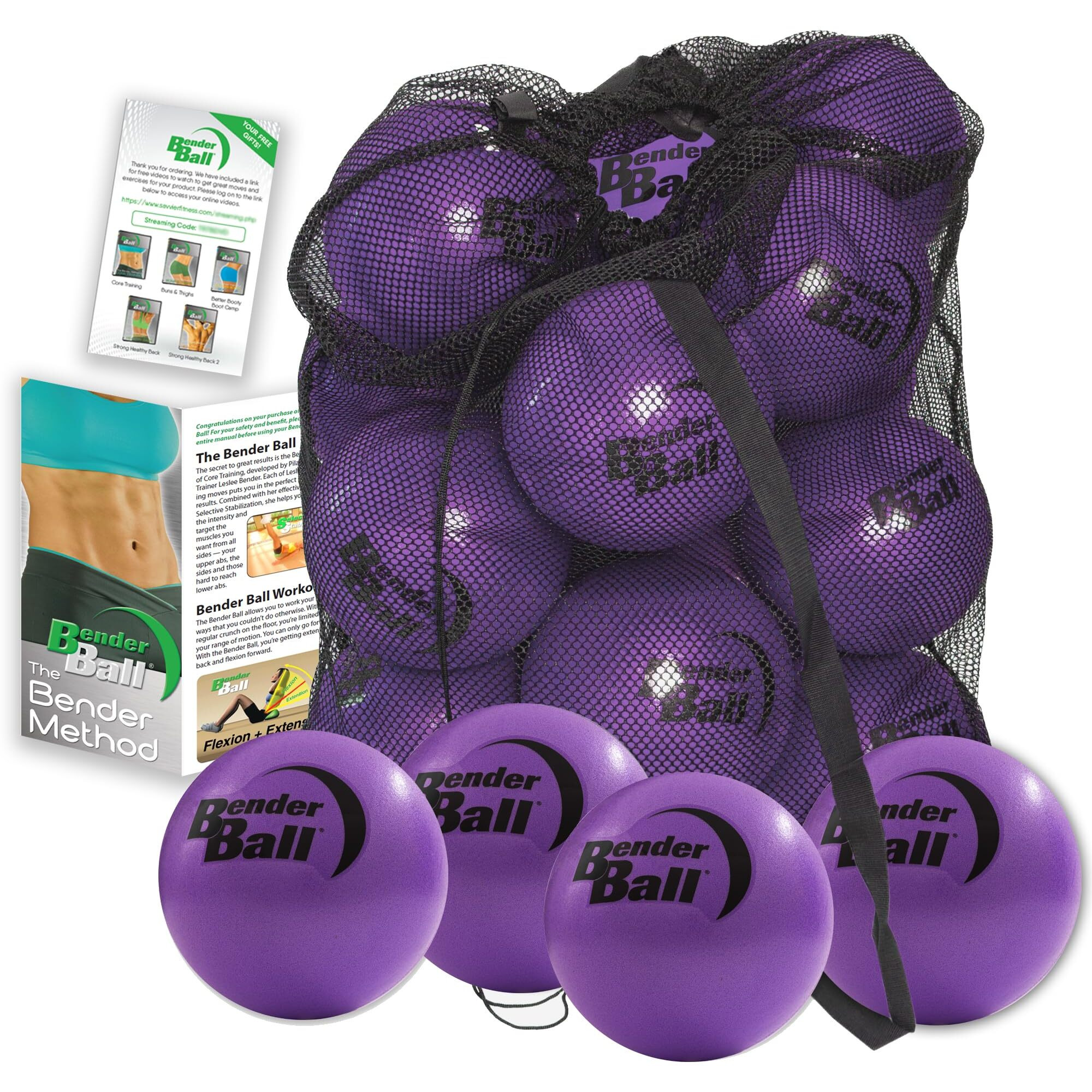Bender Ball Official Club Kit (Set Of 25  Purple)  Original Soft 9 Inch Pilates Ball  Small Exercise Ball For Barre  Yoga  Stability  Abs Core  Physical Therapy - Mesh Bag  Instructions  Videos