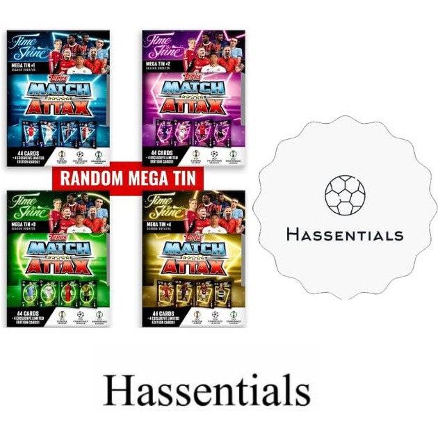 Match Attax 2024/25 Mega Tin - New Collectors Tin 24/25 Topps 1 Random Mega Tin With Exclusive Limited Edition Soccer Cards 2024-2025 Match Attax Cards Perfect For Soccer Fans With Hassential Sticker