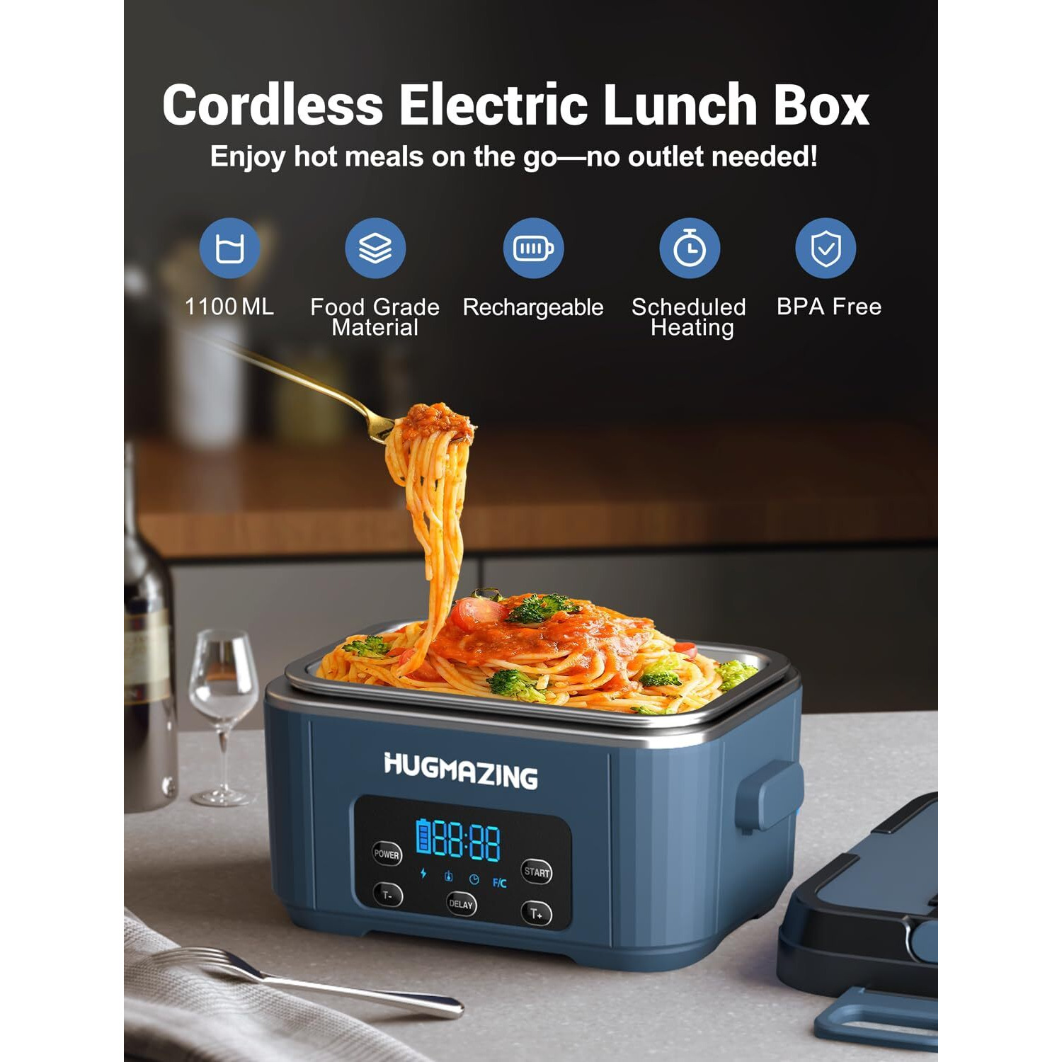 Hugmazing Cordless Electric Lunch Box For Adults  Men & Women - Rechargeable Self-Heating Food Warmer With 1100Ml Ss Container  Battery-Powered Heated Lunch Box  Perfect For Work And Travel Use
