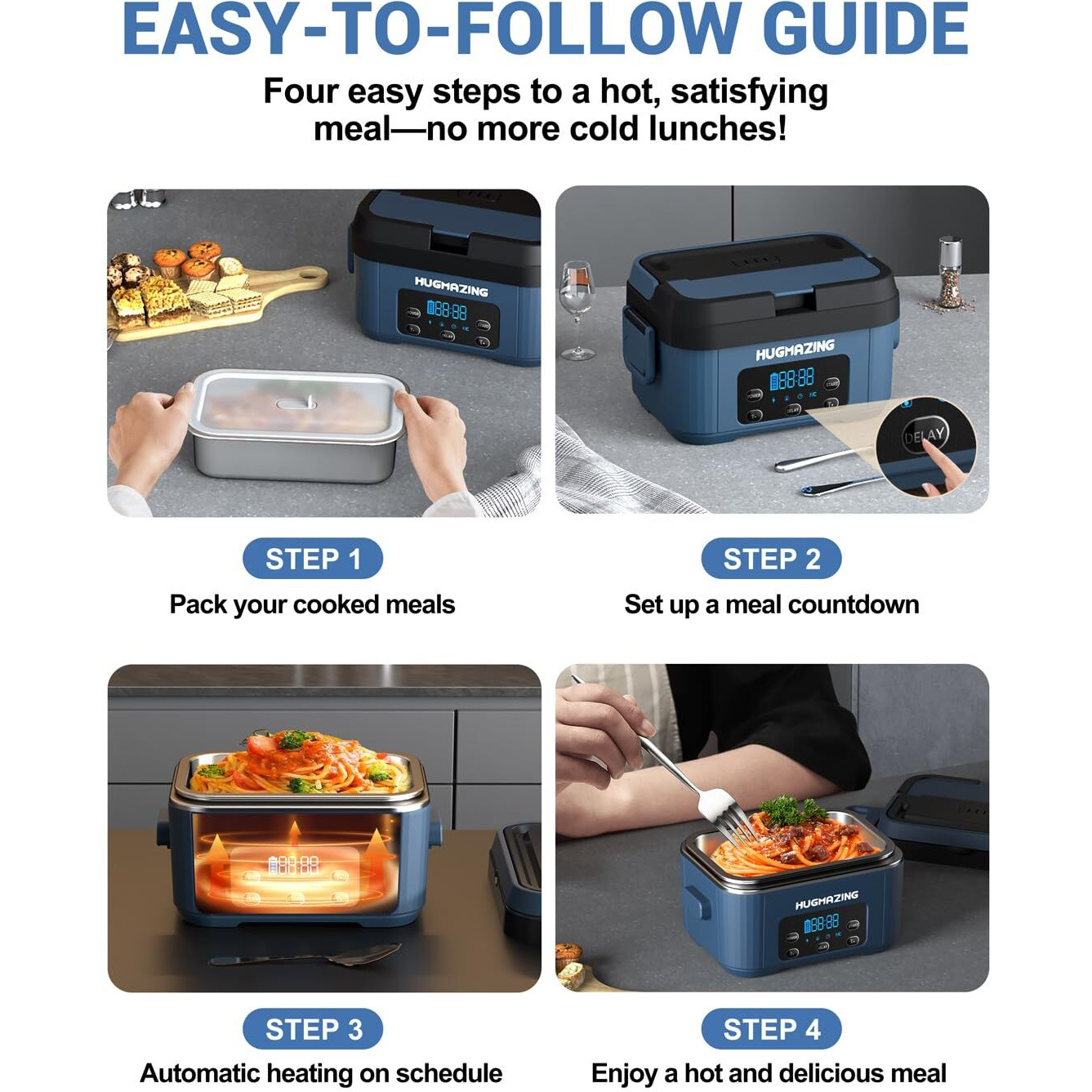 Hugmazing Cordless Electric Lunch Box For Adults  Men & Women - Rechargeable Self-Heating Food Warmer With 1100Ml Ss Container  Battery-Powered Heated Lunch Box  Perfect For Work And Travel Use