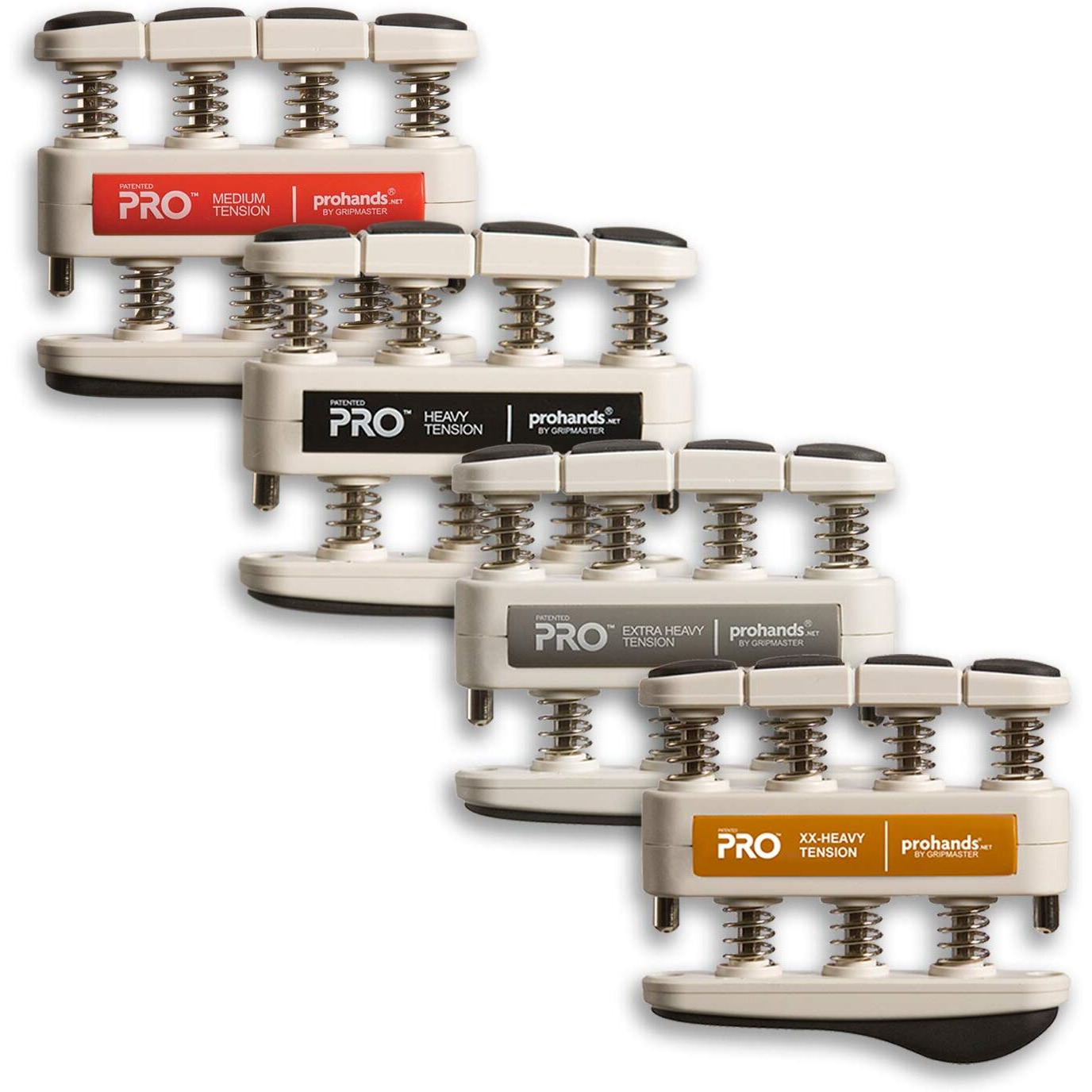 Prohands Pro Hand Exerciser  Finger Exerciser (Hand Grip Strengthener)  Spring-Loaded  Finger-Piston System  Isolate And Exercise Each Finger  (Set Of 4) (Red  Black  Gray  Orange)