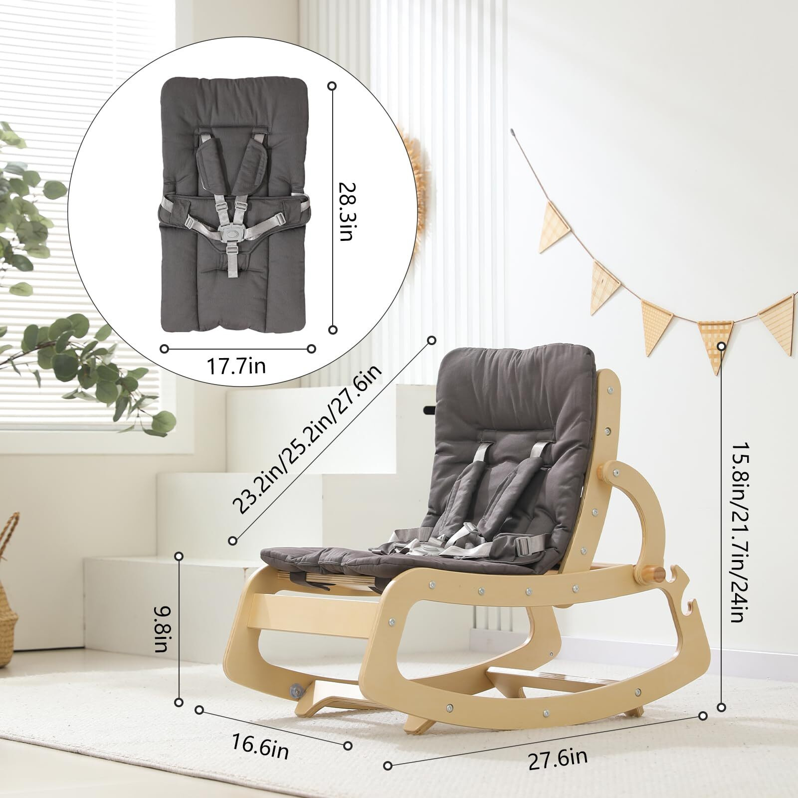 3-In-1 Baby Bouncer Adjustable Wooden Rocker Chair  Ergonomic Design Baby Lounger With Removable Cushion Seat Belt And Booster  Recliner For Infants To Toddler (Grey)