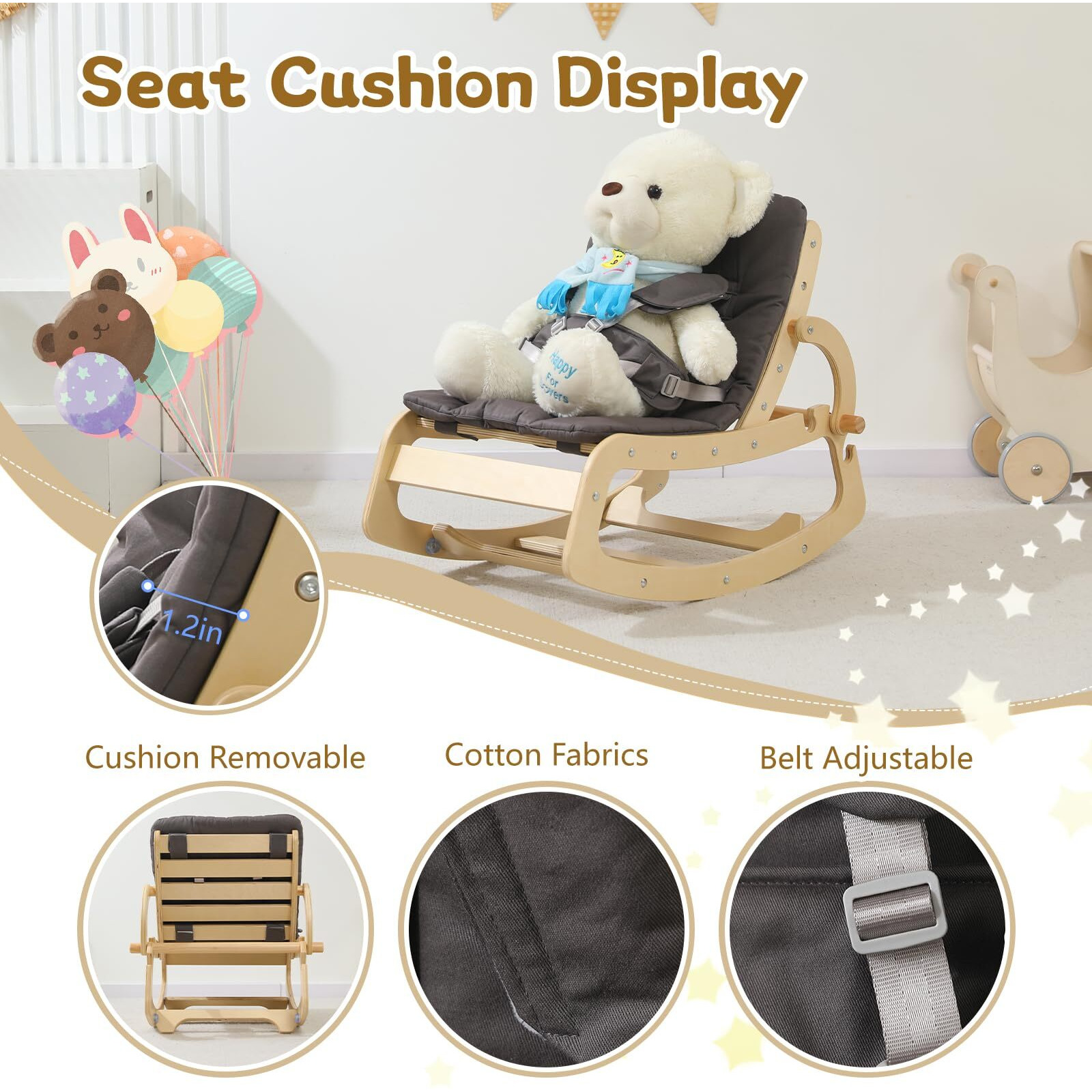 3-In-1 Baby Bouncer Adjustable Wooden Rocker Chair  Ergonomic Design Baby Lounger With Removable Cushion Seat Belt And Booster  Recliner For Infants To Toddler (Grey)