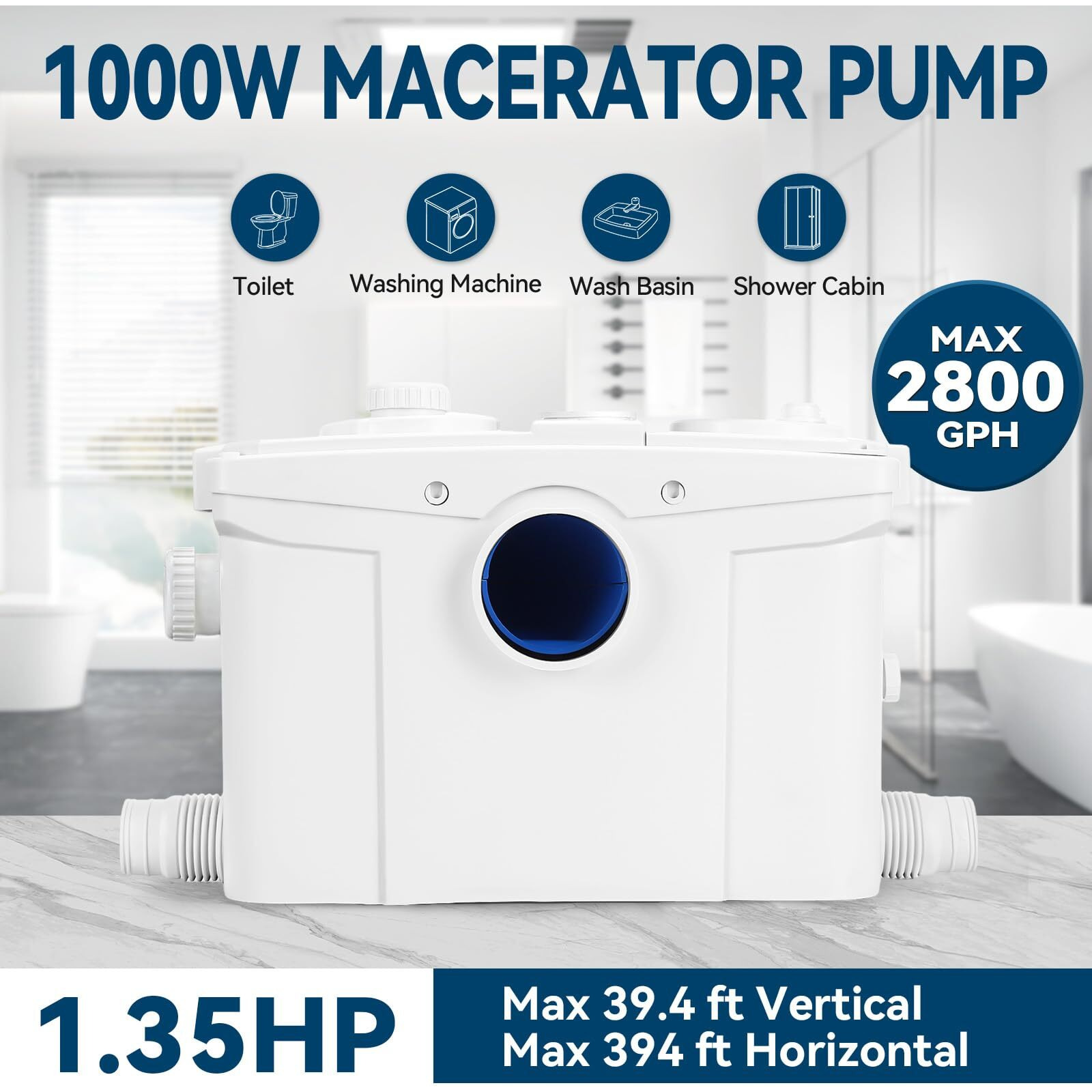 1000W Macerator Pump | Pcb Function | Toilet Pump Upflush To 39.4Ft/12 M 2800Gph Macerator Pump Toilet With 5 Water Inlets 2 Outlets For Basement  Laundry  Sink  Toilet/Pro