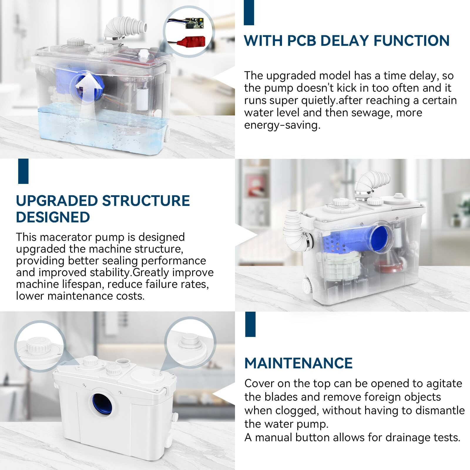 1000W Macerator Pump | Pcb Function | Toilet Pump Upflush To 39.4Ft/12 M 2800Gph Macerator Pump Toilet With 5 Water Inlets 2 Outlets For Basement  Laundry  Sink  Toilet/Pro
