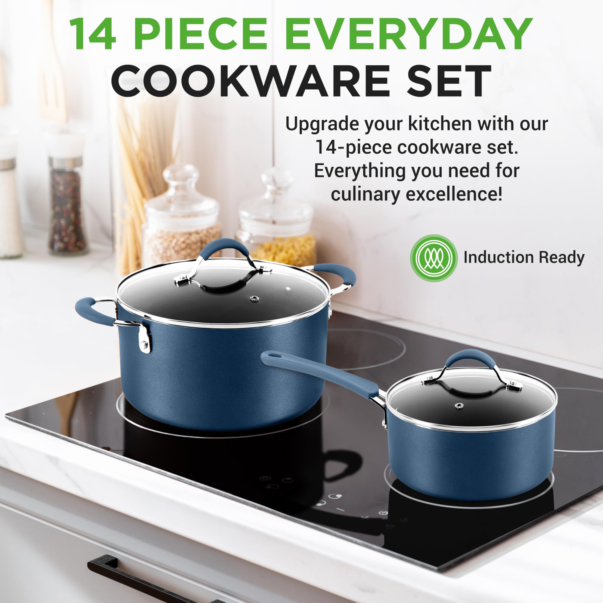 Nutrichef 14-Piece Navy Blue Cookware Set - Durable Non-Stick Pots And Pans Set With Lids & Utensils  Compatible With All Cooktops
