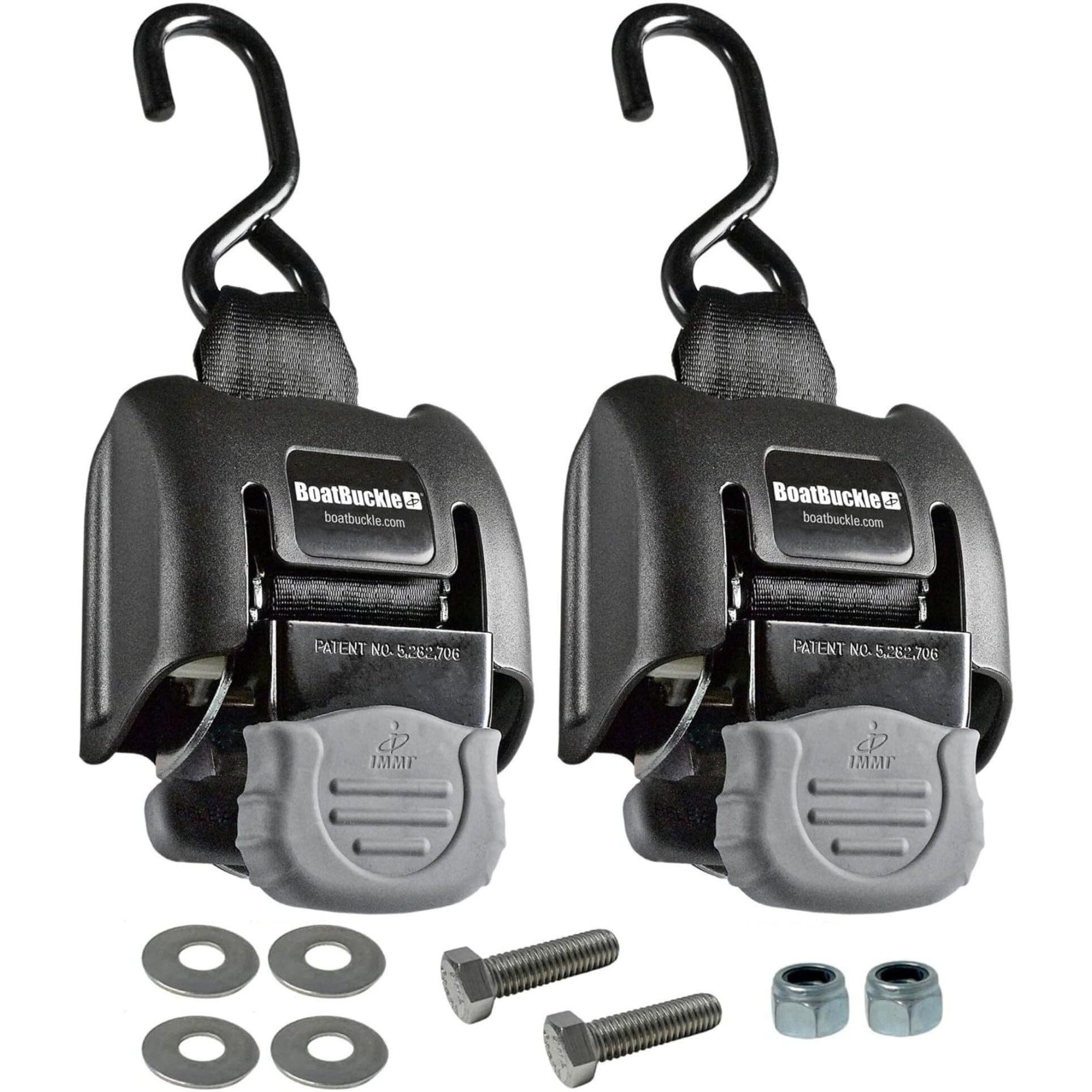 Boatbuckle G2 Transom Boat Tie Down Straps To Trailer 2X43-Inch  2500Lbs Break Strength  Bolt On Retractable Ratchet Straps Heavy Duty  2-Pack