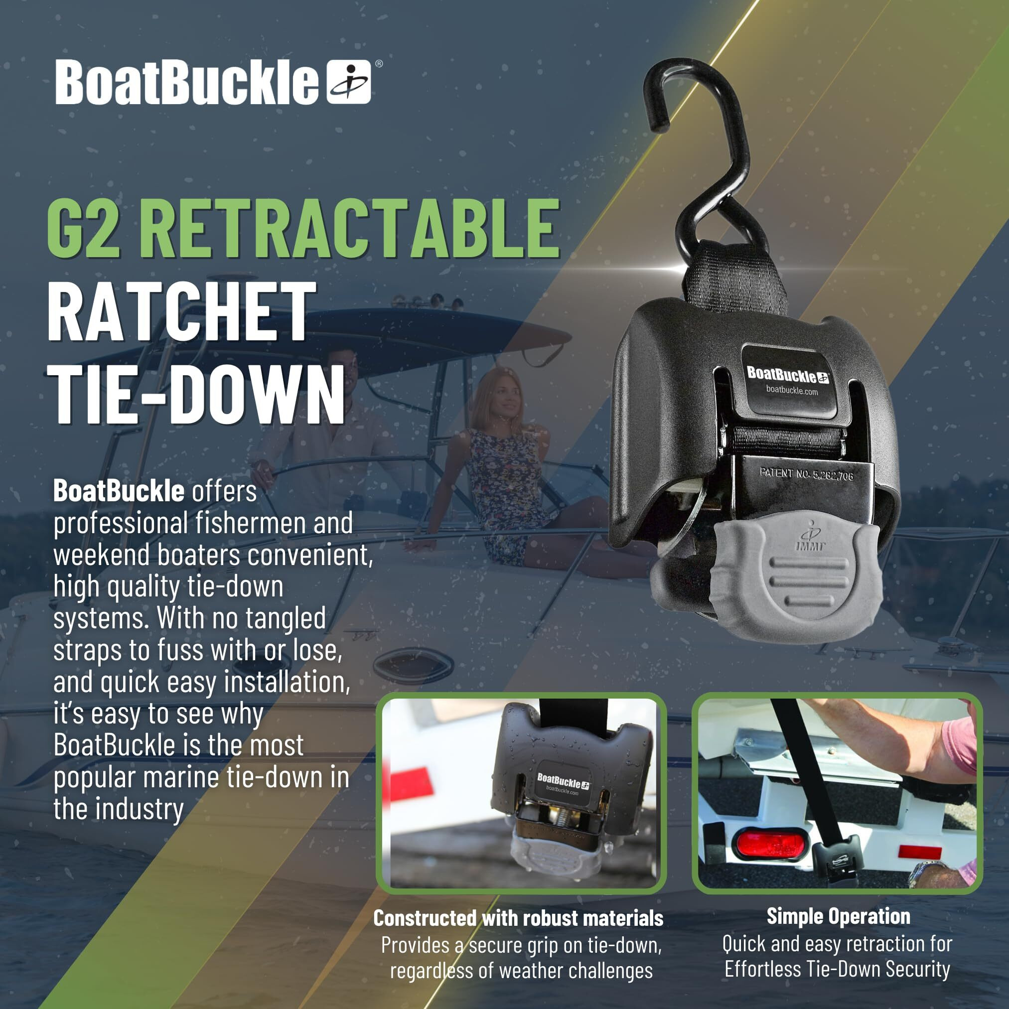 Boatbuckle G2 Transom Boat Tie Down Straps To Trailer 2X43-Inch  2500Lbs Break Strength  Bolt On Retractable Ratchet Straps Heavy Duty  2-Pack