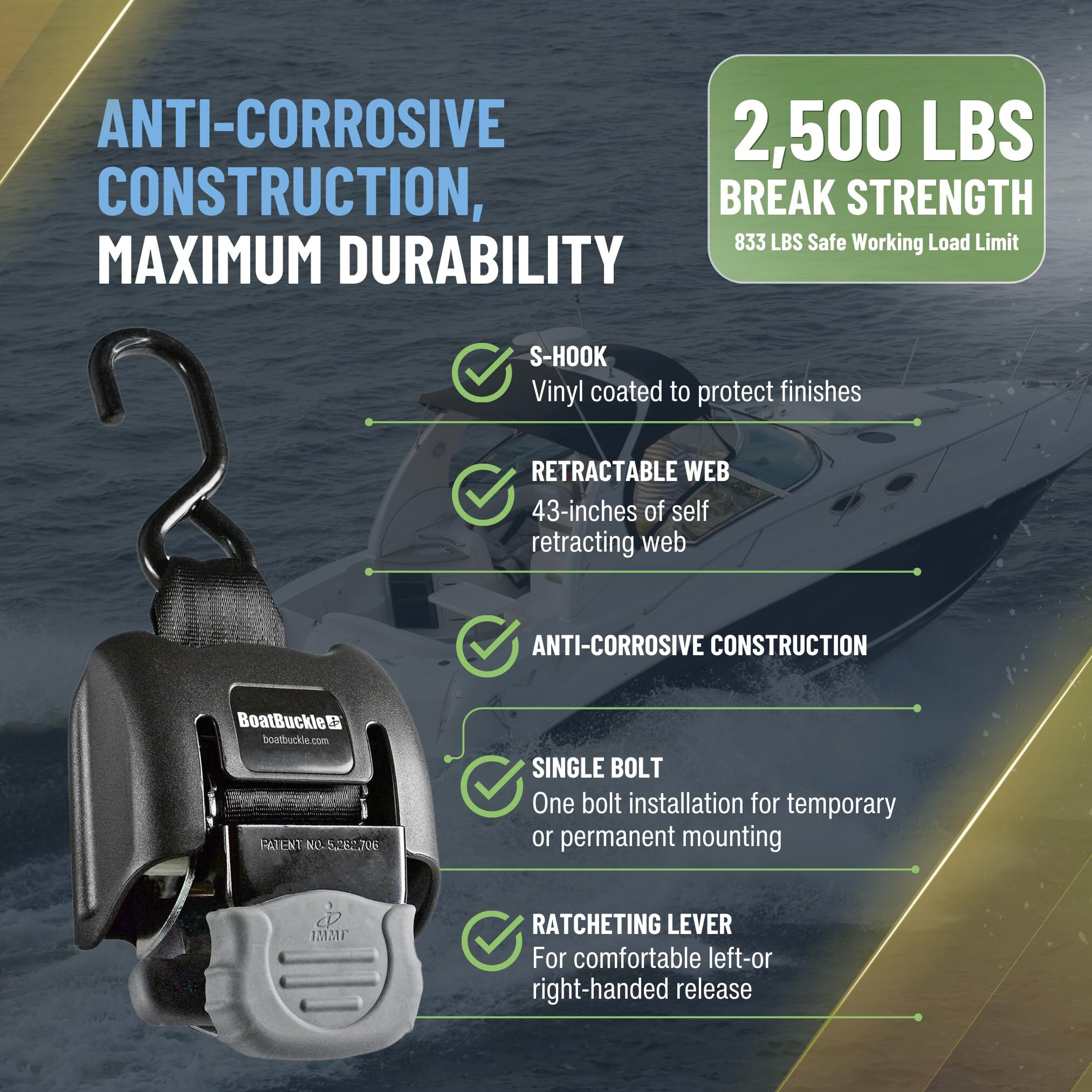 Boatbuckle G2 Transom Boat Tie Down Straps To Trailer 2X43-Inch  2500Lbs Break Strength  Bolt On Retractable Ratchet Straps Heavy Duty  2-Pack