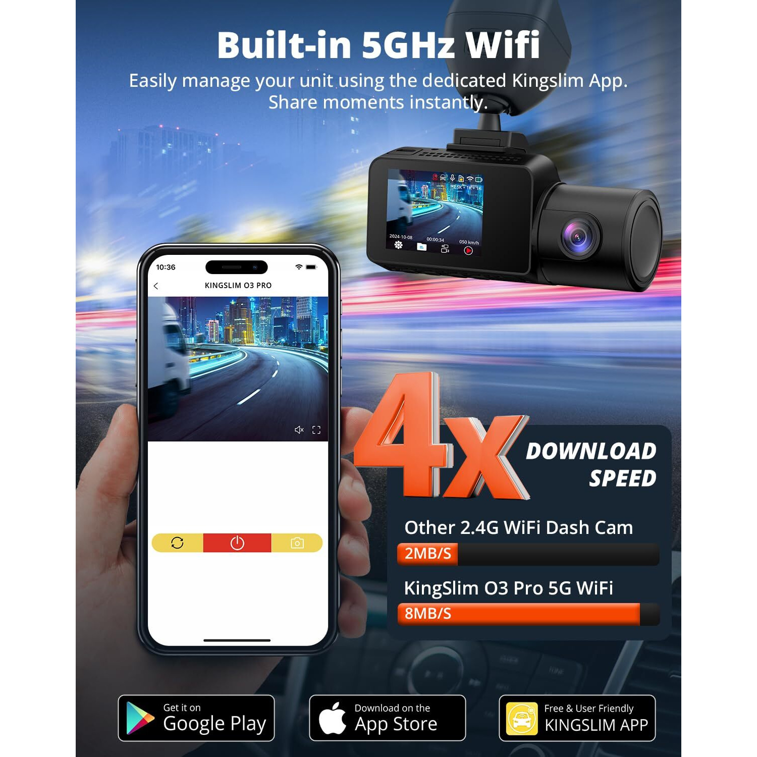 Kingslim 3 Channel 5G Wifi Dash Cam With 64Gb Card  2.5K/1080P Front And Rear Inside Dashcam  2.5K/1080P/1080P Three Way Dash Camera For Cars Auto Ir Night Vision  Loop Recording  App Control(O3Pro)
