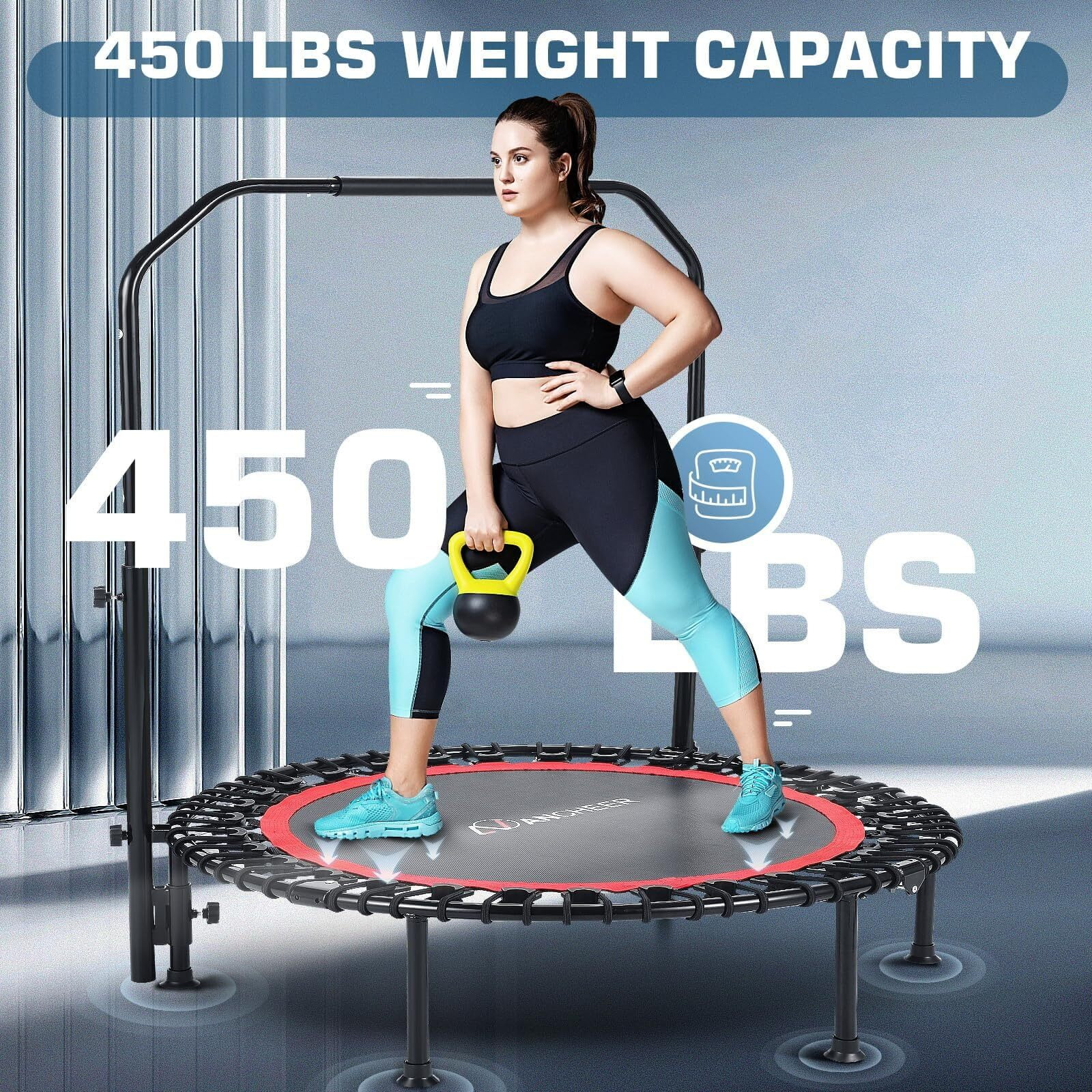 Ancheer 40/48"" Foldable Mini Trampoline 550Lbs Max Load Rebounder Trampoline For Adults With Adjustale Foam Bar&Resistance Ropes Upgraded Bungee Cords Fitness Trampoline Indoor