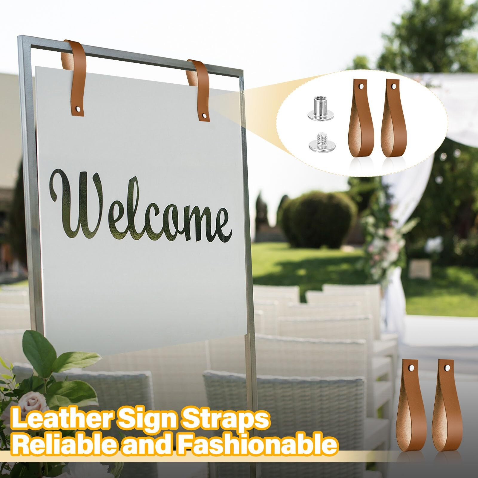 Vercraft 4 Pcs Leather Sign Straps For Hanging Sign Leather Curtain Rod Holder Straps Hanger For Engagement Wedding Welcome Event Display Seating Chart Ceremony Frame(Brown)