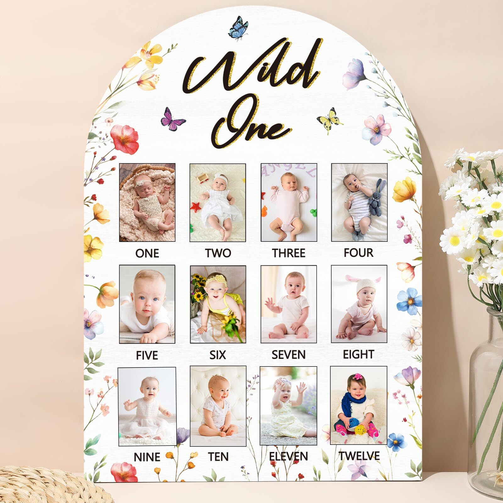 My First Year Photo Board Wild One Photo Board Spring Wildflower One Year Old Birthday Decoration First Year Picture Frame 12 Monthly Milestone Wood Board 1St Year Photo Banner For Baby Keepsake Gift