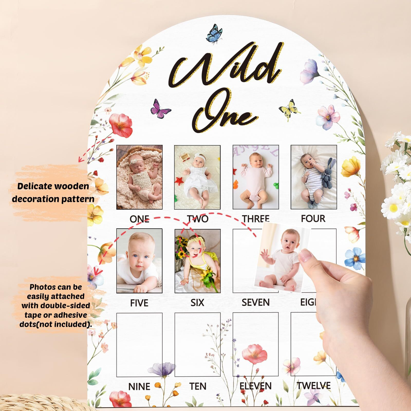 My First Year Photo Board Wild One Photo Board Spring Wildflower One Year Old Birthday Decoration First Year Picture Frame 12 Monthly Milestone Wood Board 1St Year Photo Banner For Baby Keepsake Gift