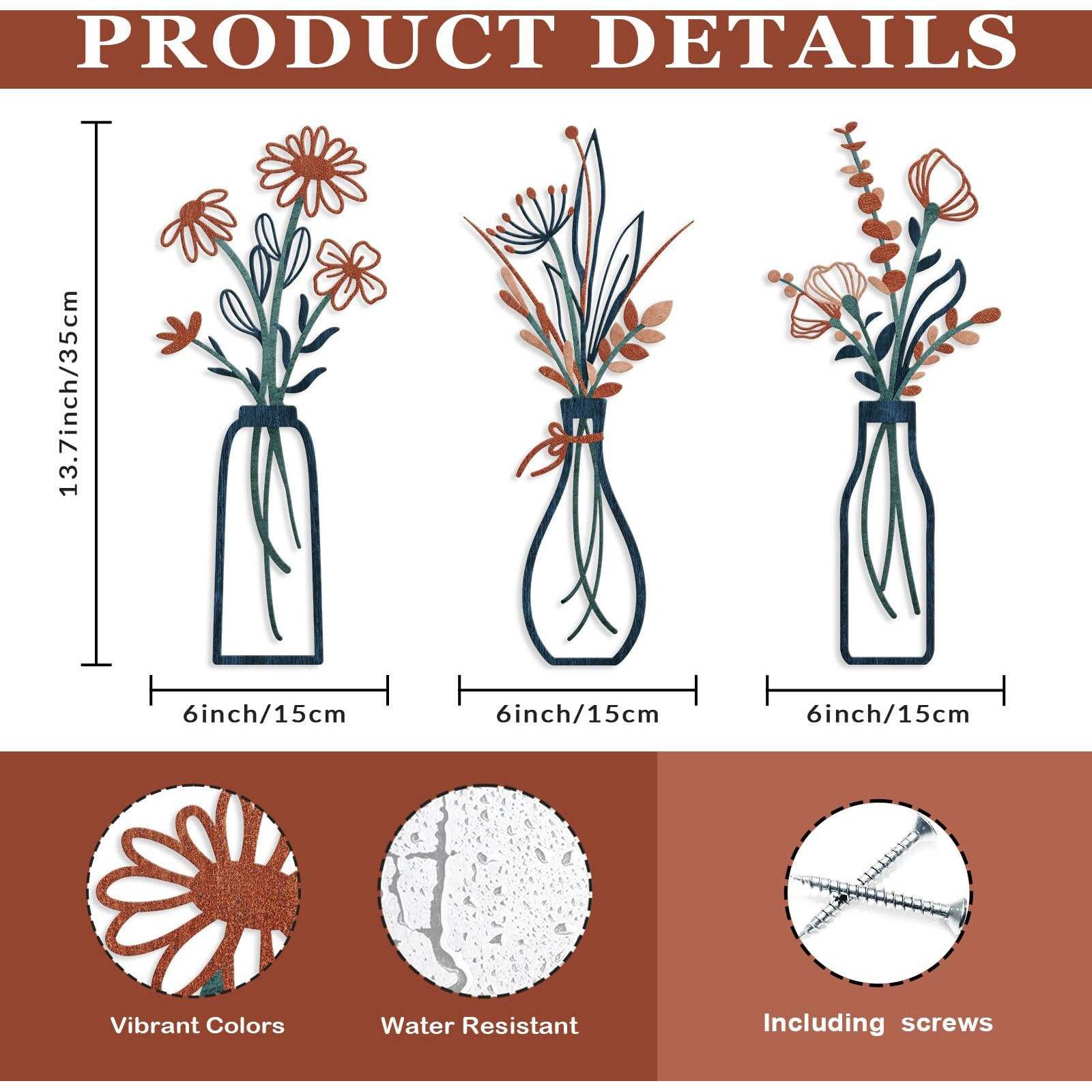 Pigort 3 Pieces Metal Flowers Wall Arts - Rustic Farmhouse Decor Minimalist Flower Wall Decors For Living Room Bathroom Bedroom Dining Room-Housewarming Gifts