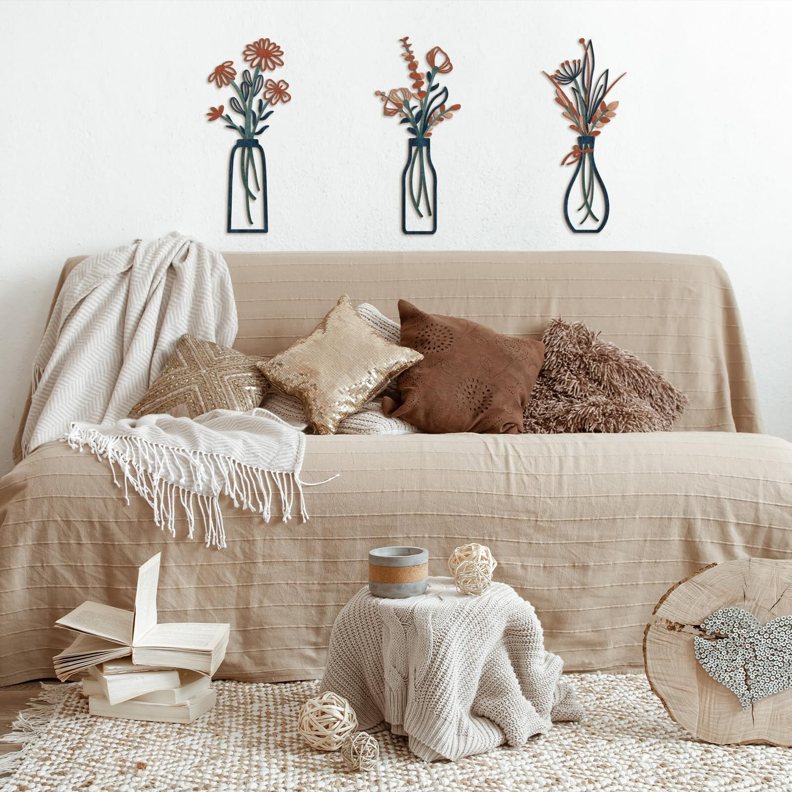 Pigort 3 Pieces Metal Flowers Wall Arts - Rustic Farmhouse Decor Minimalist Flower Wall Decors For Living Room Bathroom Bedroom Dining Room-Housewarming Gifts