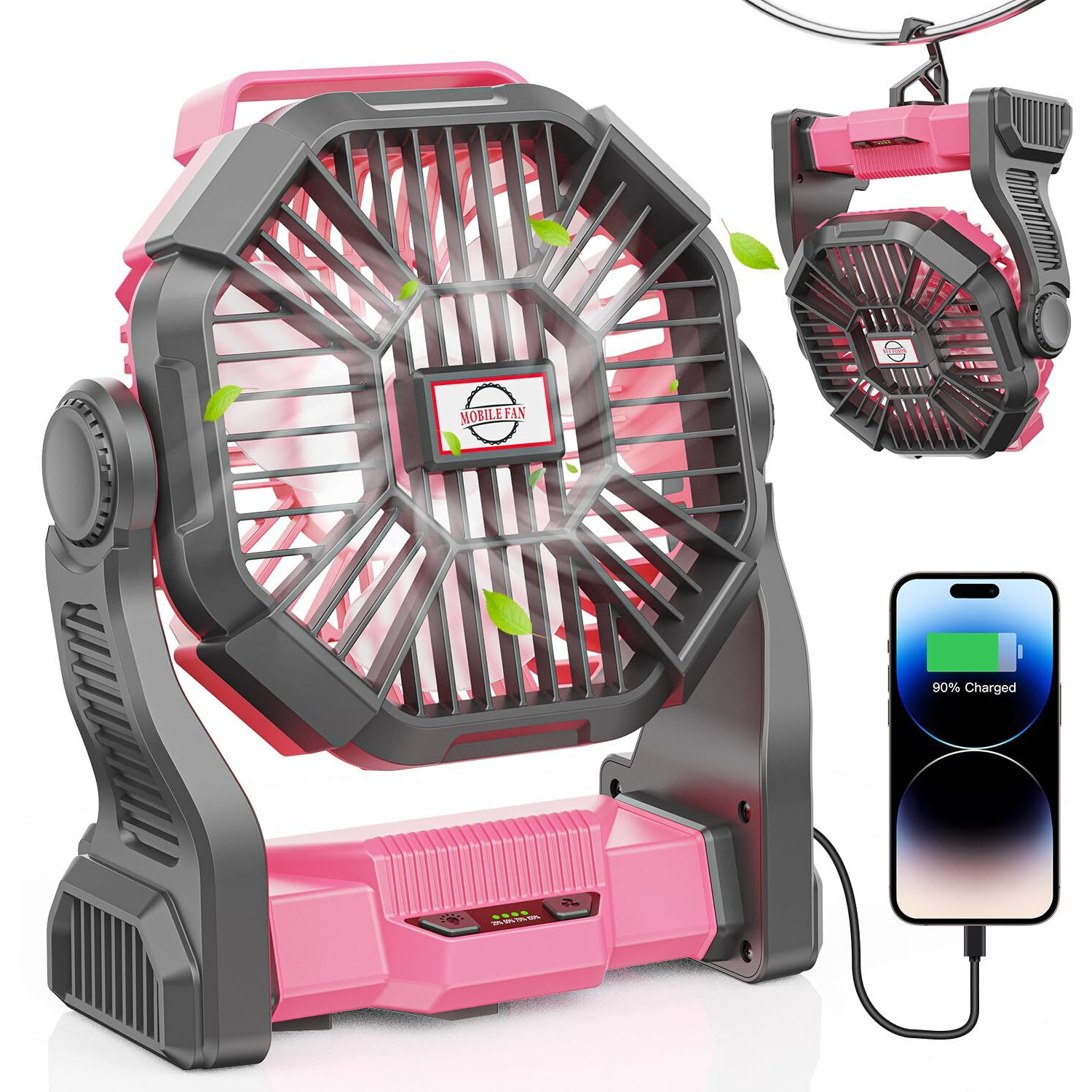 Dowilldo Camping Fan With Led Lantern  20000Mah Portable Rechargeable Battery Powered Table Fan With Hook  Camping Gear For Picnic  Fishing  Car Or Hurricane Power Outages (Pink)