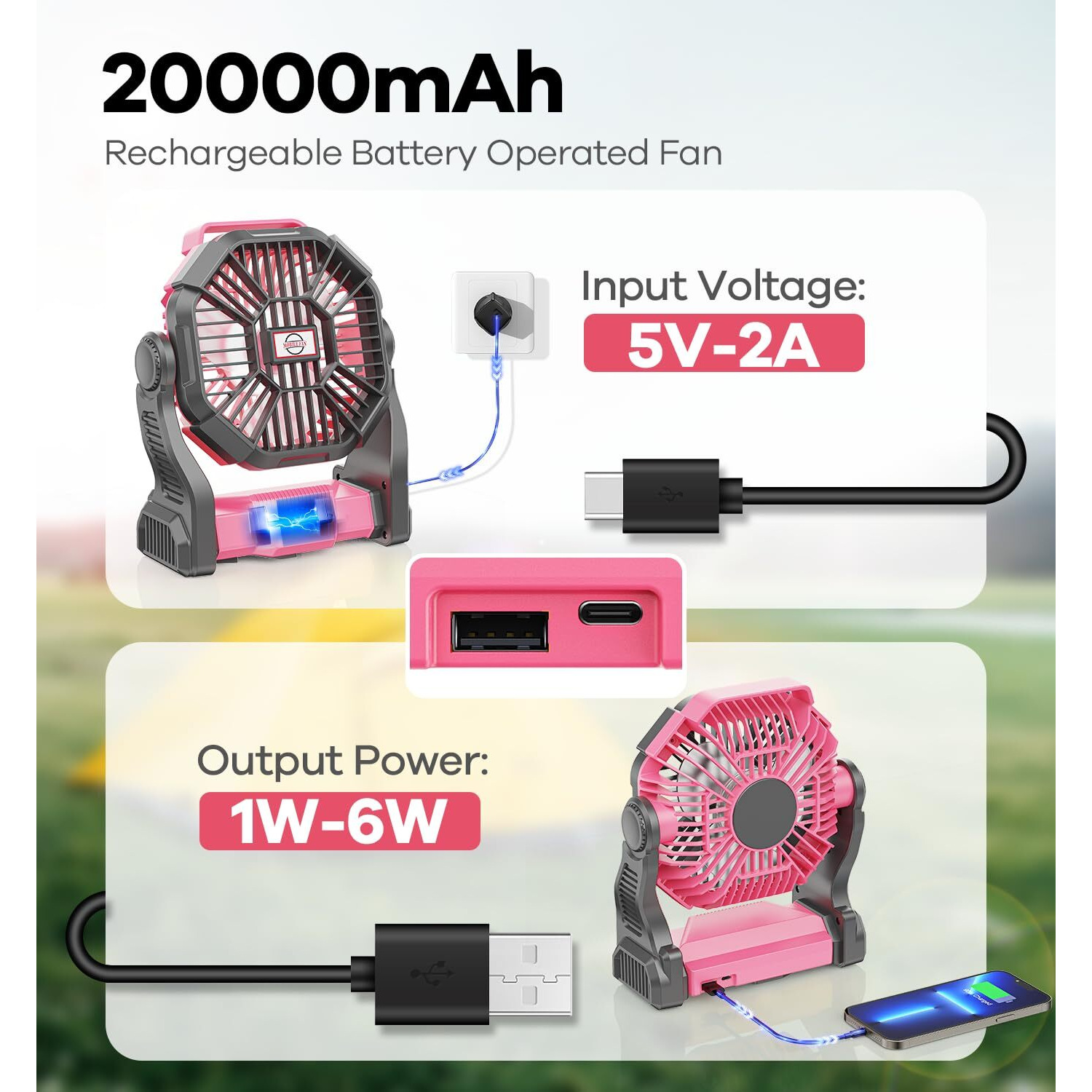 Dowilldo Camping Fan With Led Lantern  20000Mah Portable Rechargeable Battery Powered Table Fan With Hook  Camping Gear For Picnic  Fishing  Car Or Hurricane Power Outages (Pink)