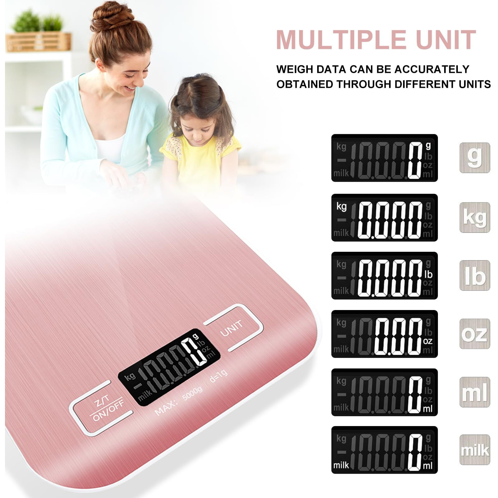Food Scale  11Lb Kitchen Scale With 6 Units Tare Function & Lcd Display  0.05Oz/1G Stainless Steel Digital Food Scale Grams And Ounces For Baking  Cooking  Dieting And Meal Prep (Pink)