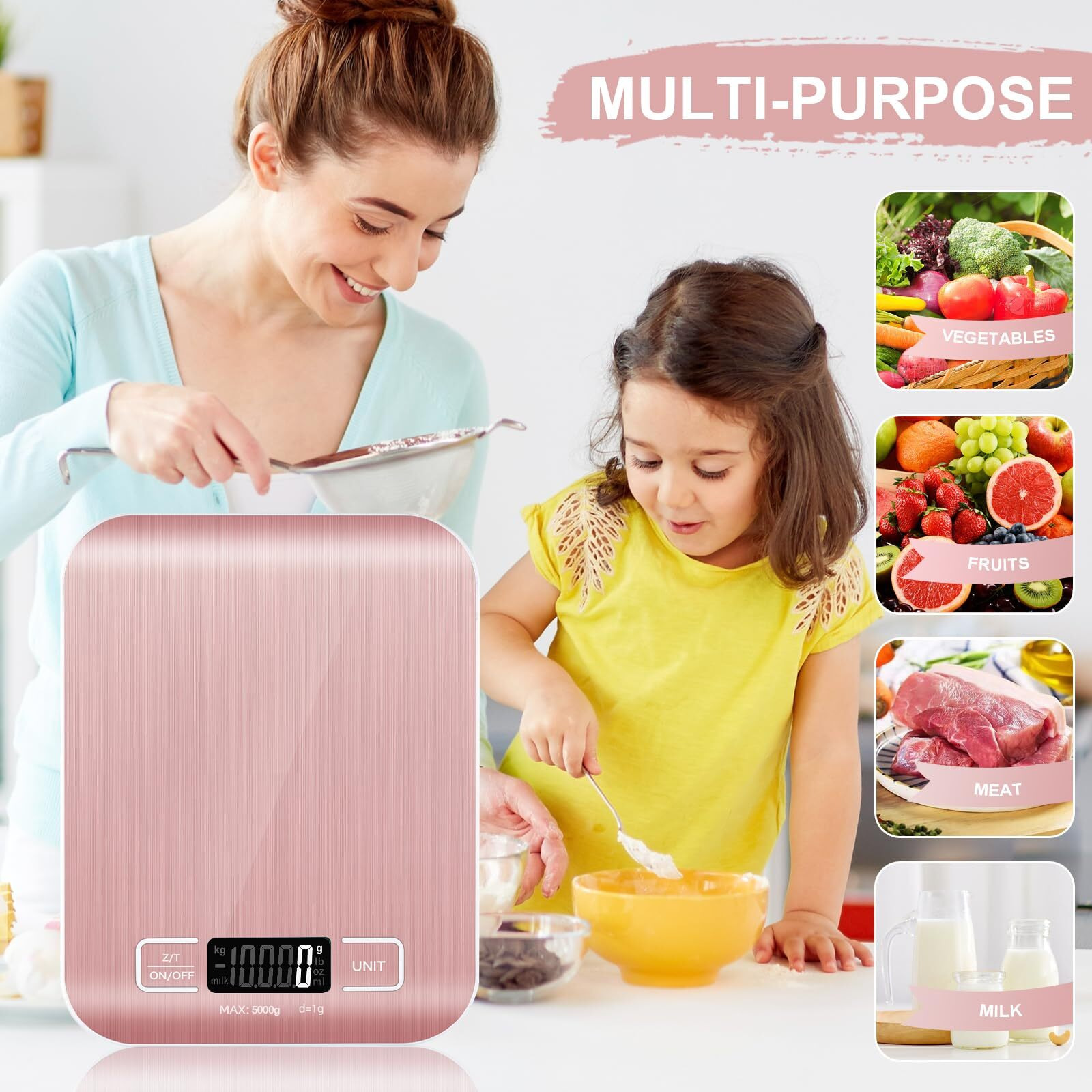 Food Scale  11Lb Kitchen Scale With 6 Units Tare Function & Lcd Display  0.05Oz/1G Stainless Steel Digital Food Scale Grams And Ounces For Baking  Cooking  Dieting And Meal Prep (Pink)
