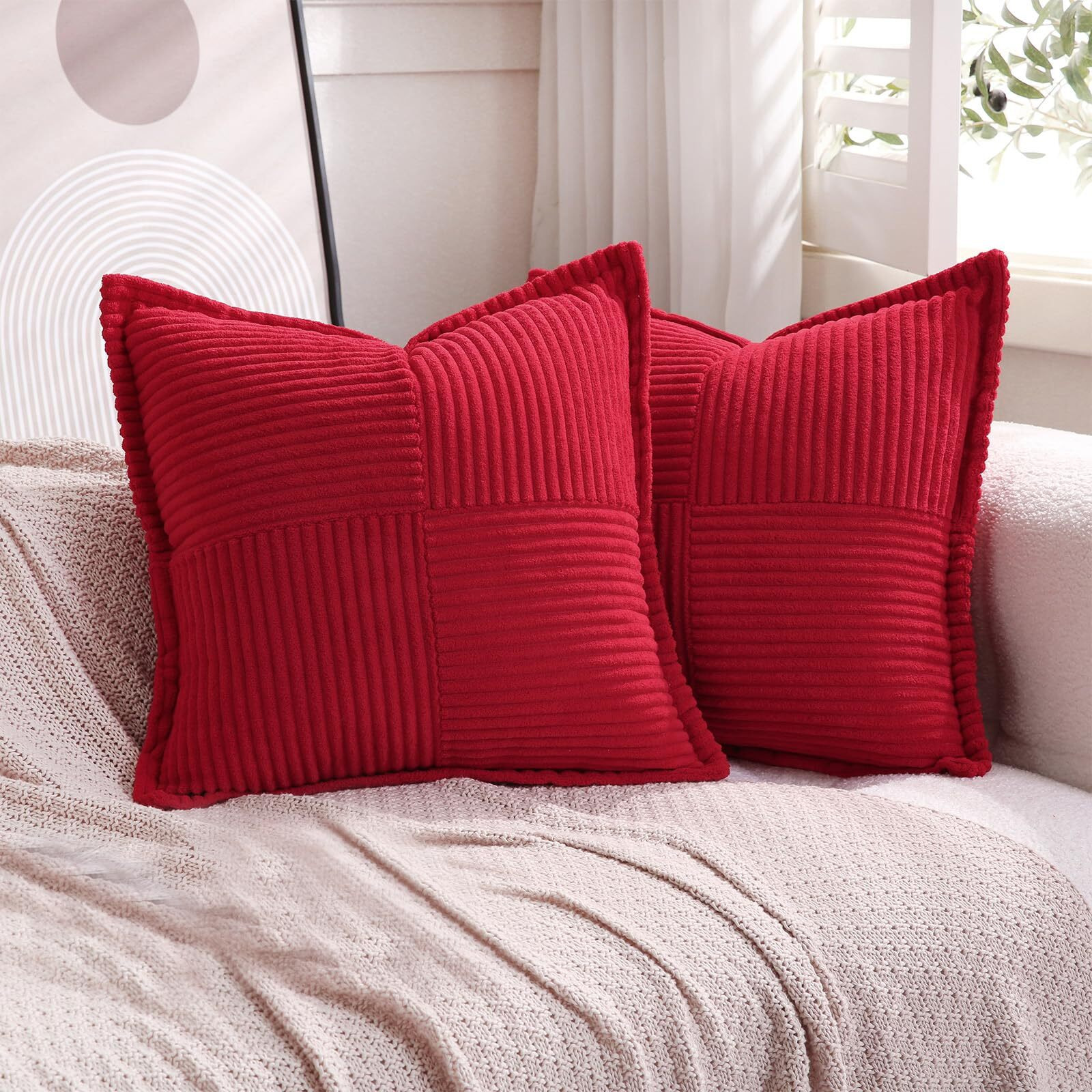 Puncuntex Corduroy Throw Pillow Covers Set Of 2 Boho Decorative Red 1220 Inch Super Soft Pillowcase Cozy Striped Texture Cushion Cover For Couch Sofa Farmhouse Living Room