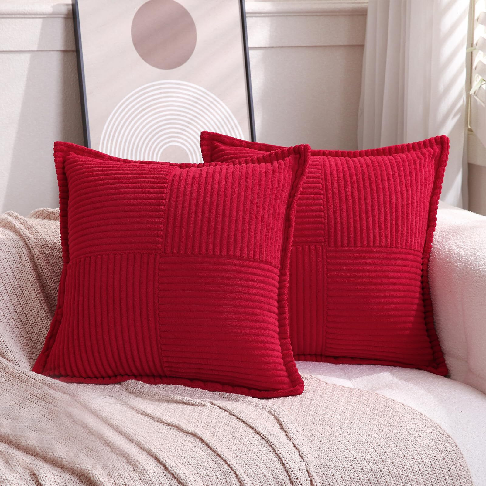 Puncuntex Corduroy Throw Pillow Covers Set Of 2 Boho Decorative Red 1220 Inch Super Soft Pillowcase Cozy Striped Texture Cushion Cover For Couch Sofa Farmhouse Living Room
