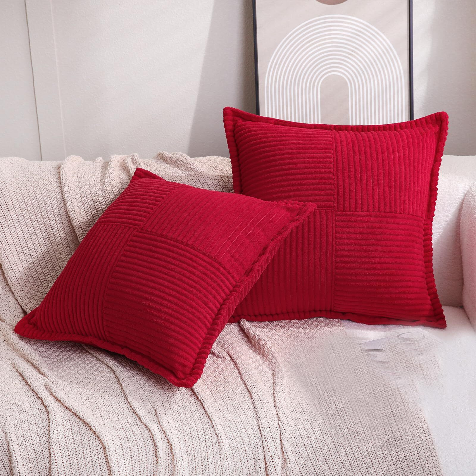 Puncuntex Corduroy Throw Pillow Covers Set Of 2 Boho Decorative Red 1220 Inch Super Soft Pillowcase Cozy Striped Texture Cushion Cover For Couch Sofa Farmhouse Living Room