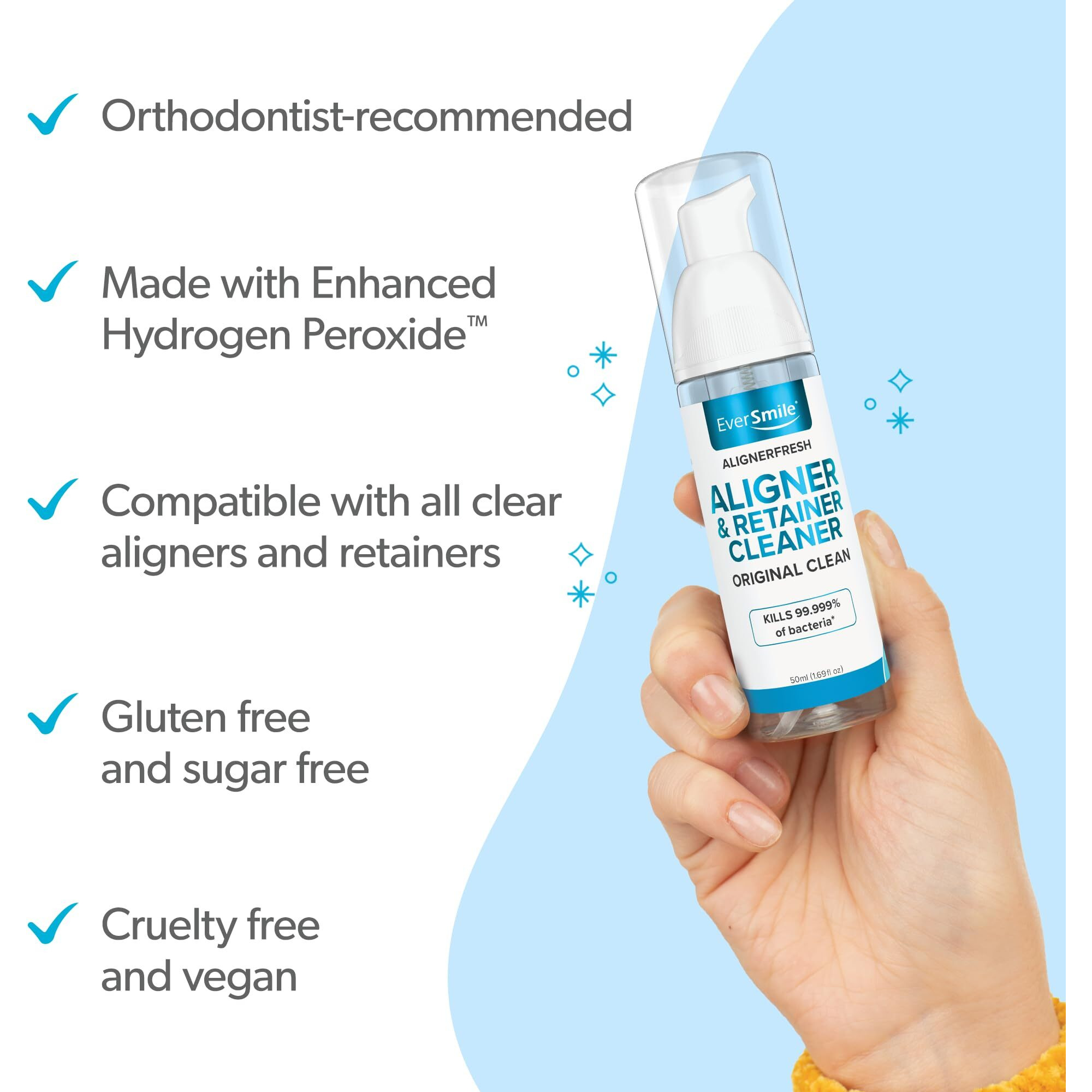 Eversmile Alignerfresh Original Clean Foam - Cleaner Compatible W/Invisalign And All Clear Aligners & Retainers - Eliminates Bacteria  Whitens Teeth  Fights Bad Breath - 25Ml (1 Pack)