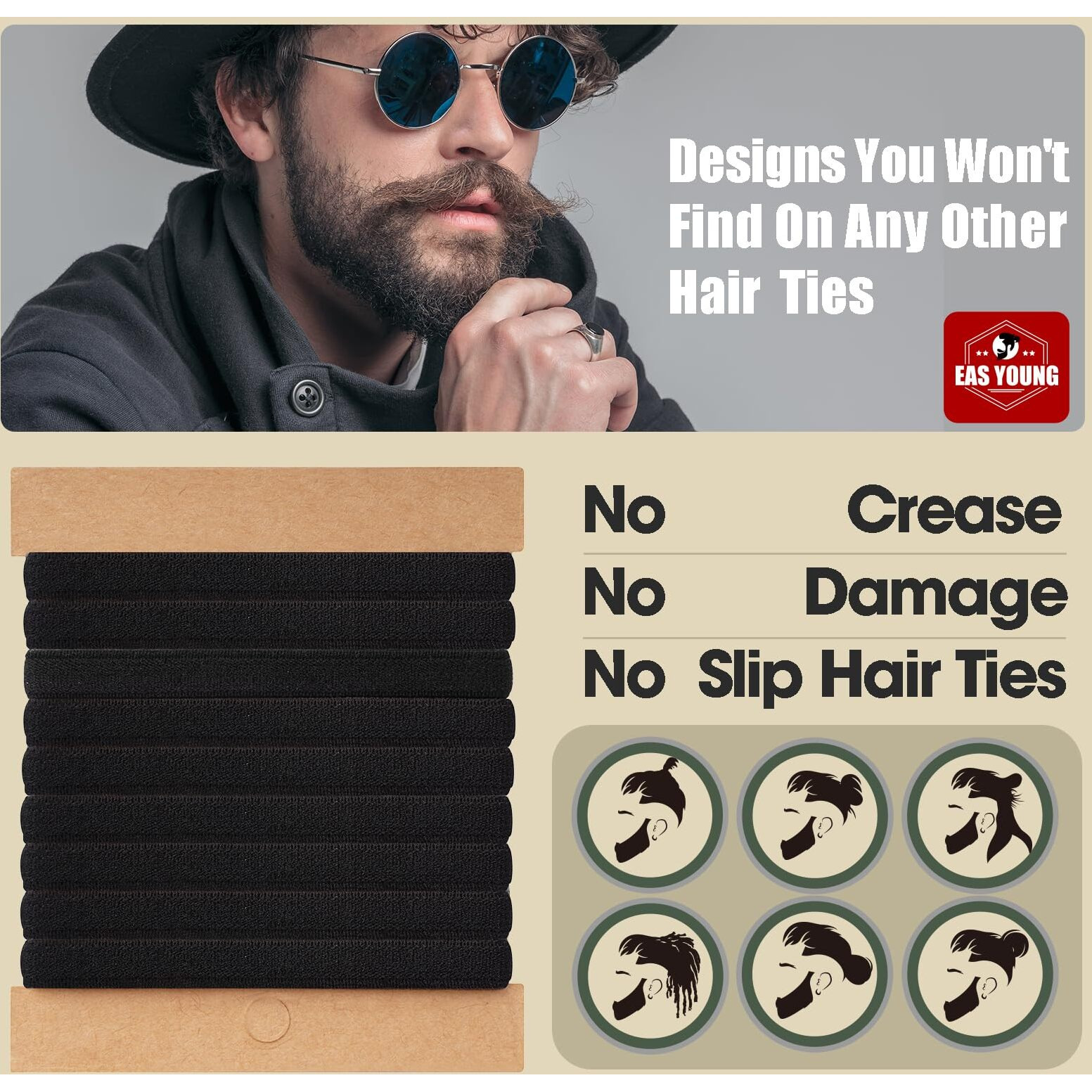 Easyoung Braided Mens Hair Ties For Men  For Buns Curly Thick Dense Hair Elastic Hair Ties For Guys  No Damage No Crease Breakage  9 Count (Pack Of 1)