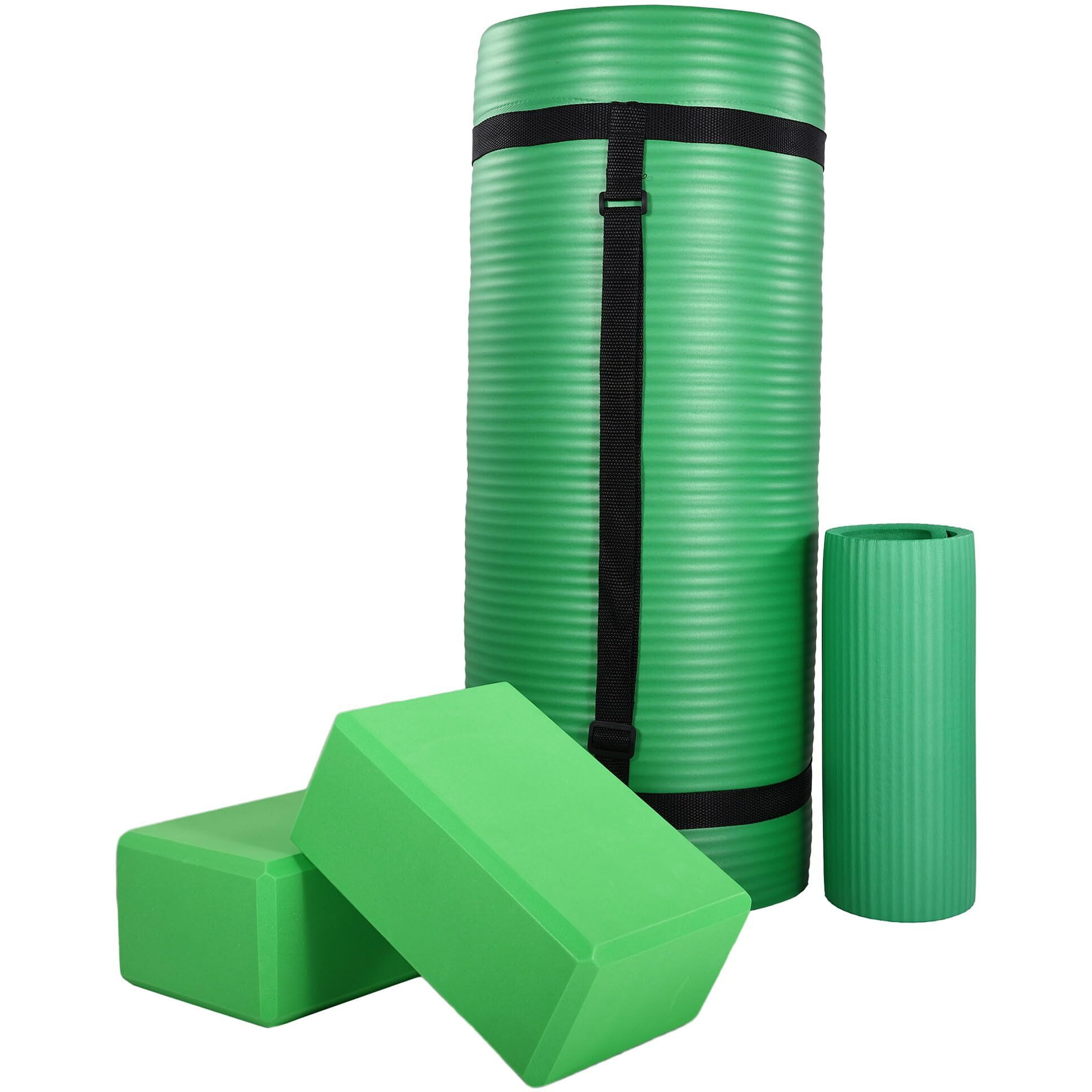 Balancefrom All-Purpose 71"" X 24"" X 1-Inch Extra Thick High Density Anti-Tear Exercise Yoga Mat  Knee Pad With Carrying Strap & 2 Yoga Blocks  Green